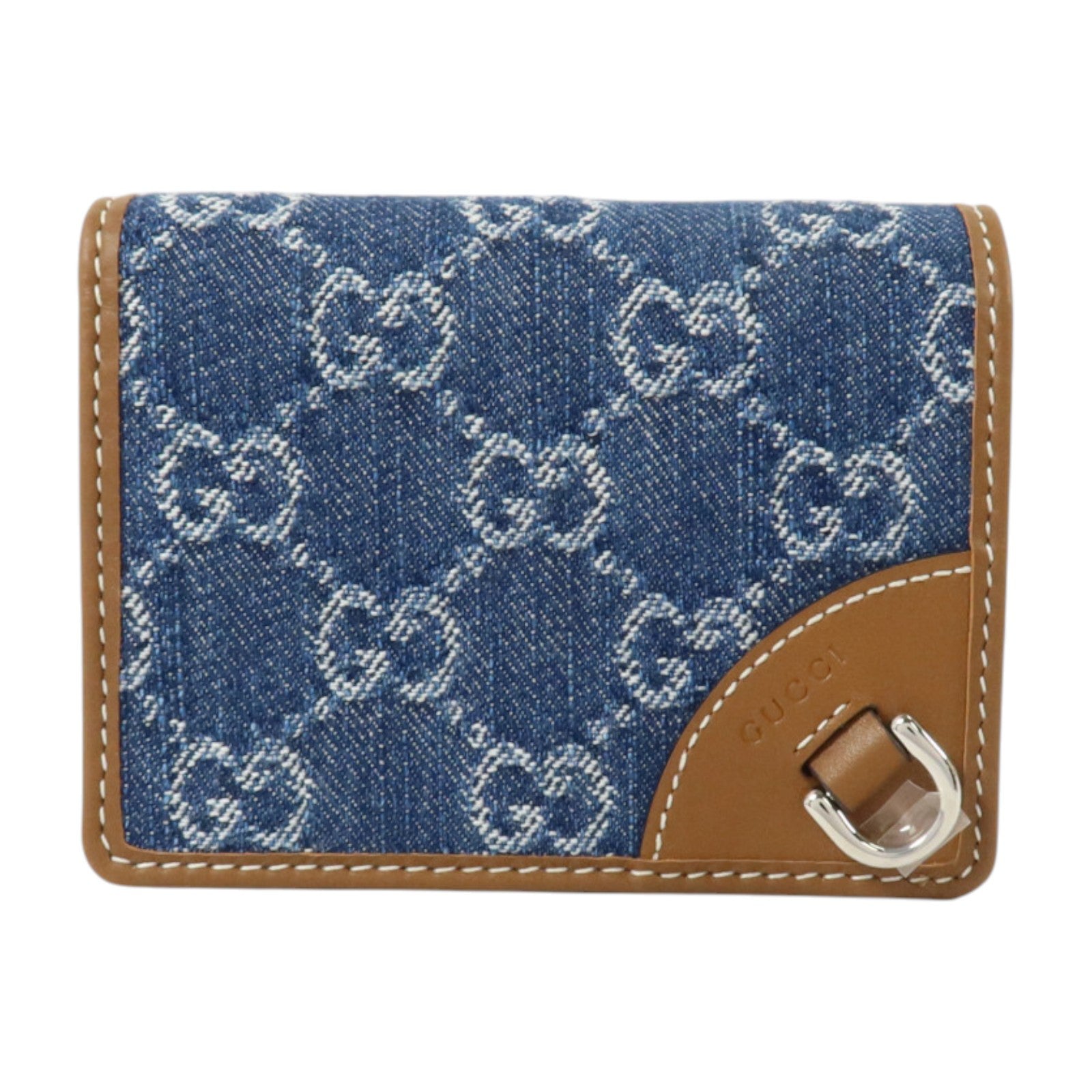 GUCCI 牛仔布/牛皮皮革GG Emblem Small金扣錢包