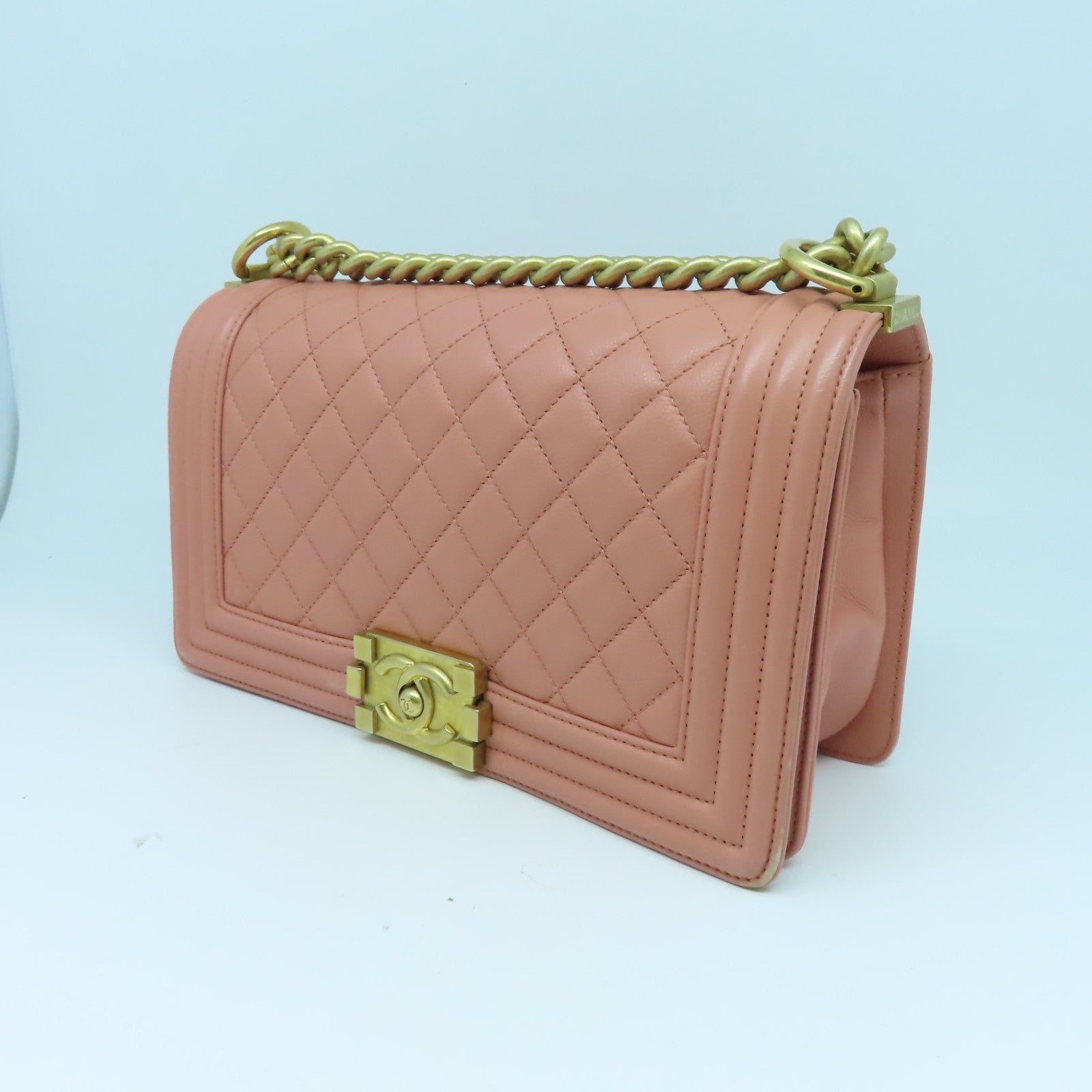 CHANEL 【清倉大減價】菱格Caviar皮革Boy 25金扣肩背袋粉紅色