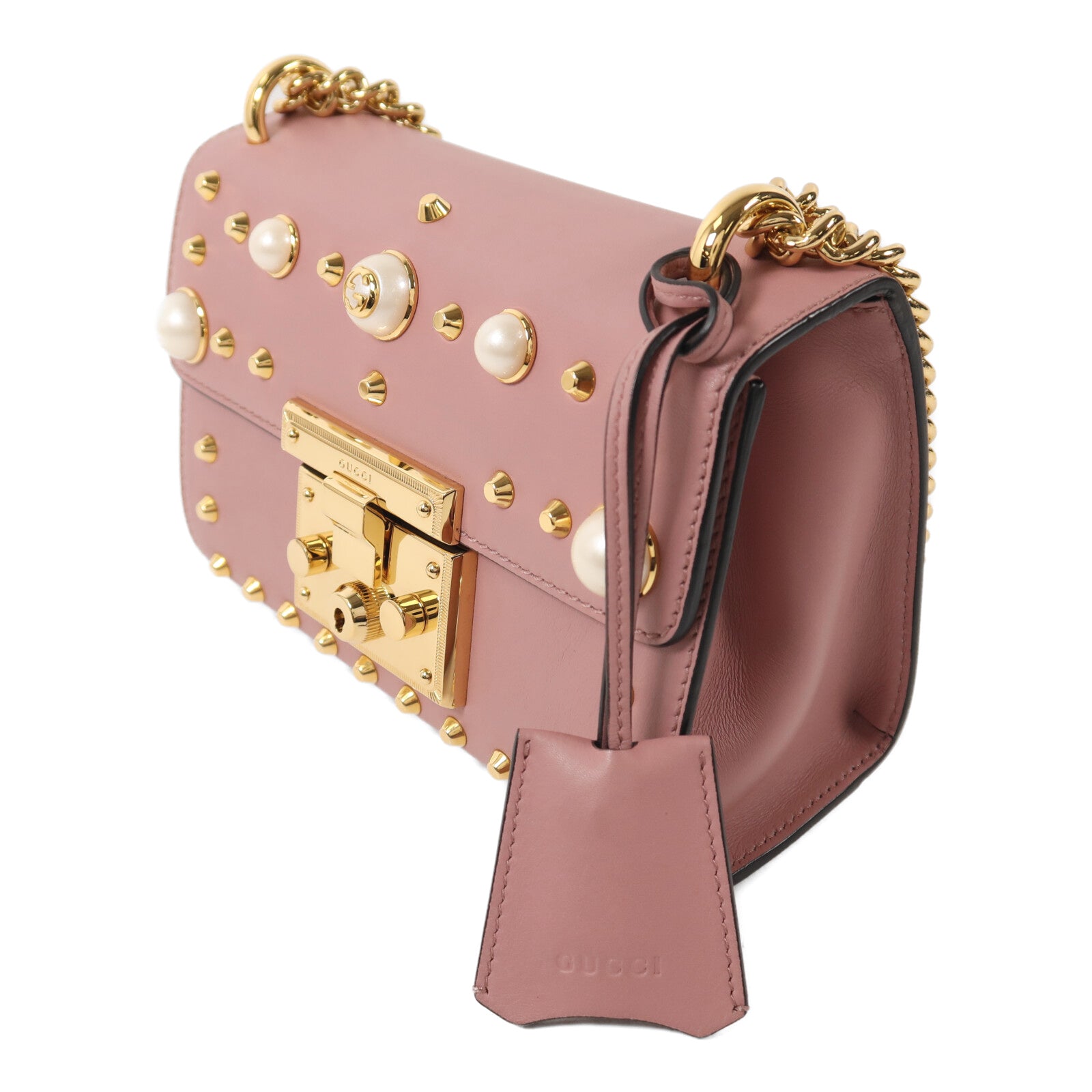 GUCCI 牛皮皮革Padlock Pearl Bag金扣鏈帶肩背袋
