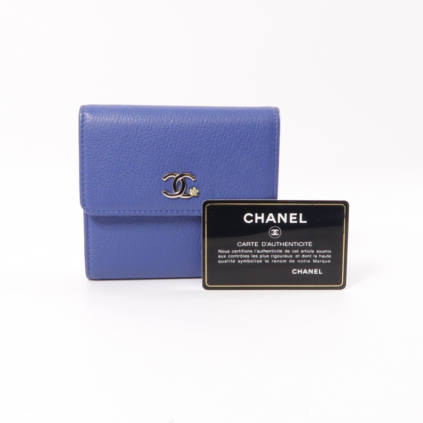 CHANEL 牛皮皮革Wallet銀扣錢包藍色