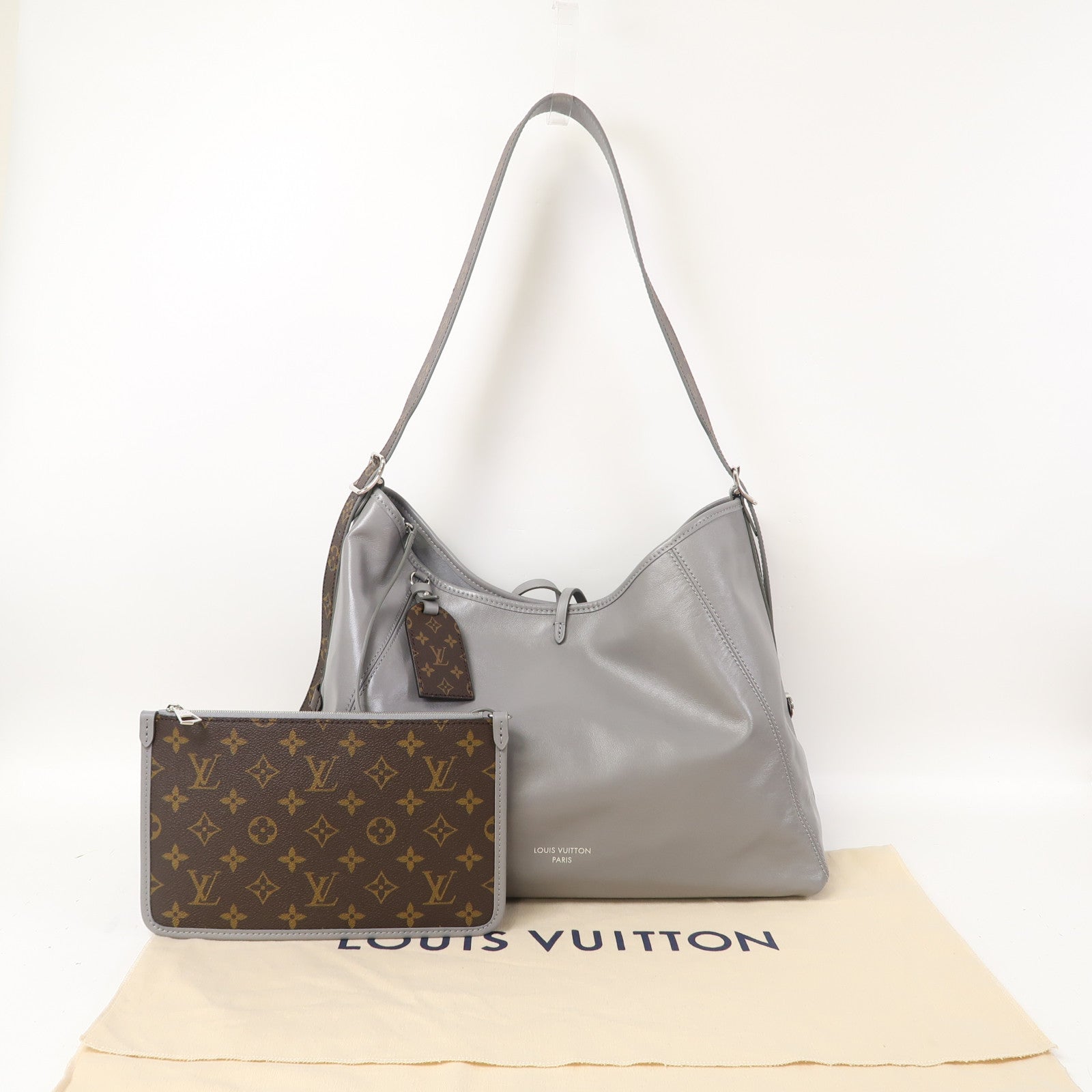 LOUIS VUITTON 牛皮皮革/Monogram CarryAll Vibe MM銀扣肩背袋灰色