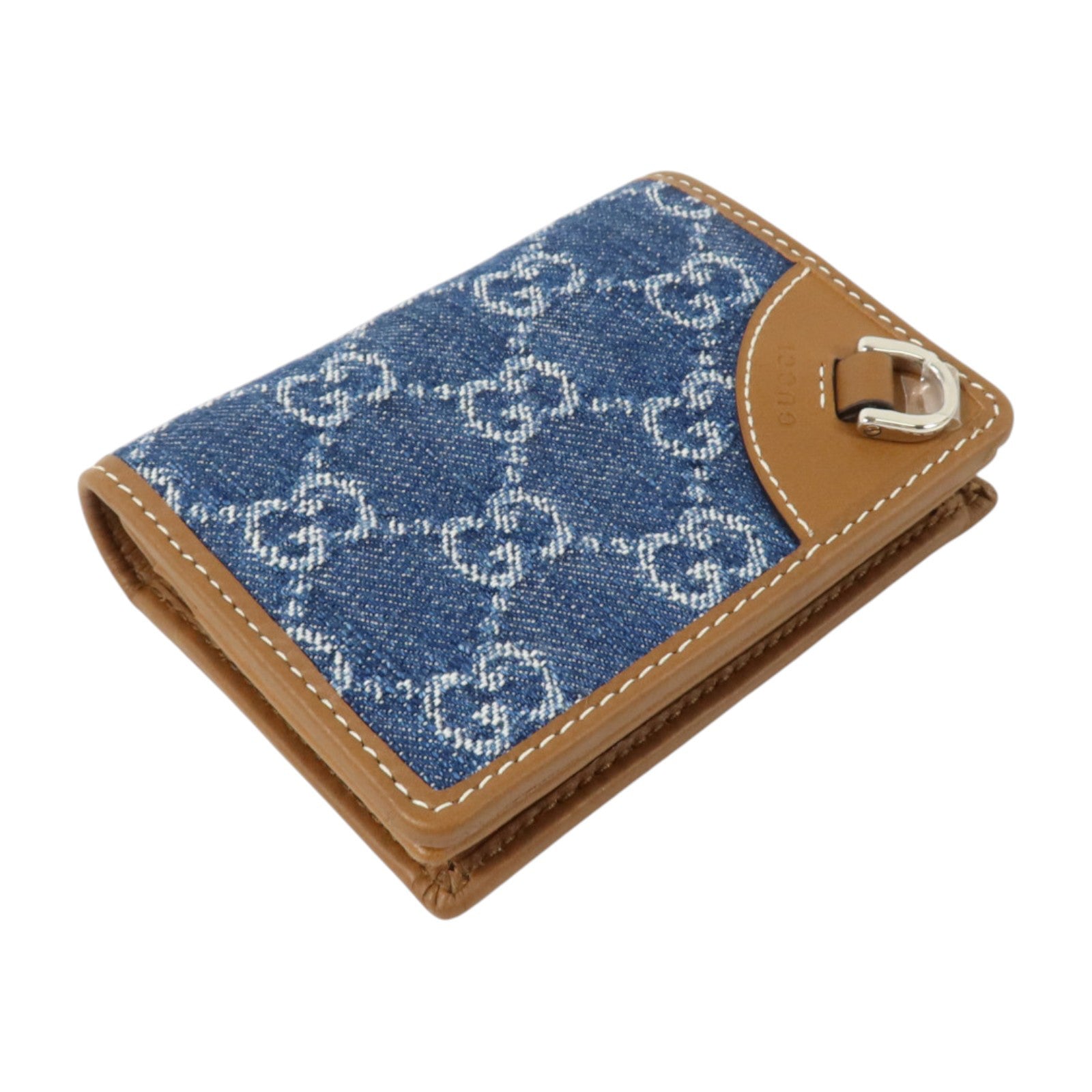 GUCCI 牛仔布/牛皮皮革GG Emblem Small金扣錢包
