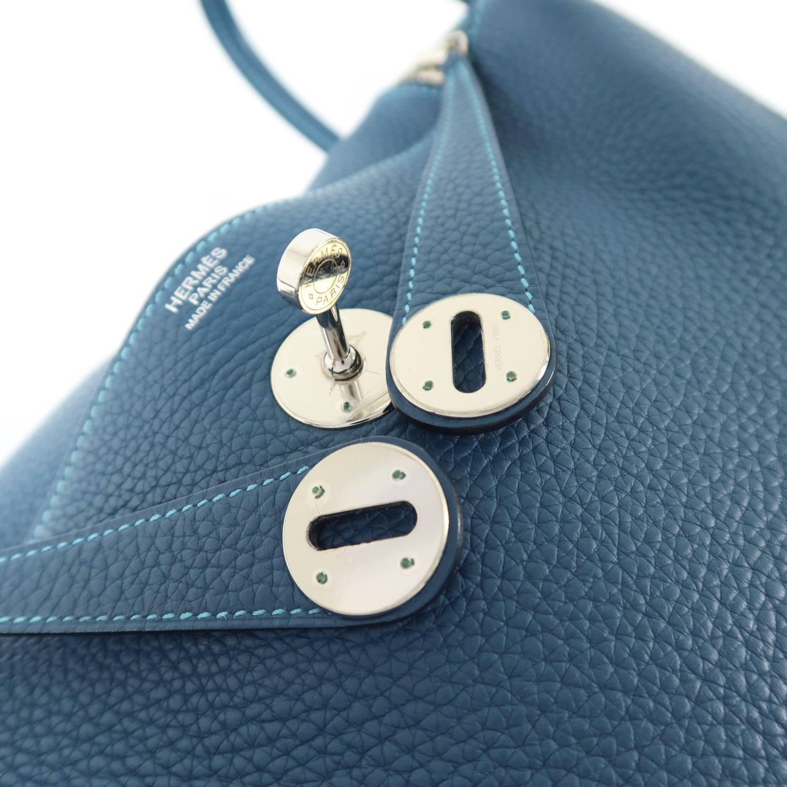 HERMES Clemence皮革Lindy 30銀扣手挽肩背兩用袋Turquoise/Colvert