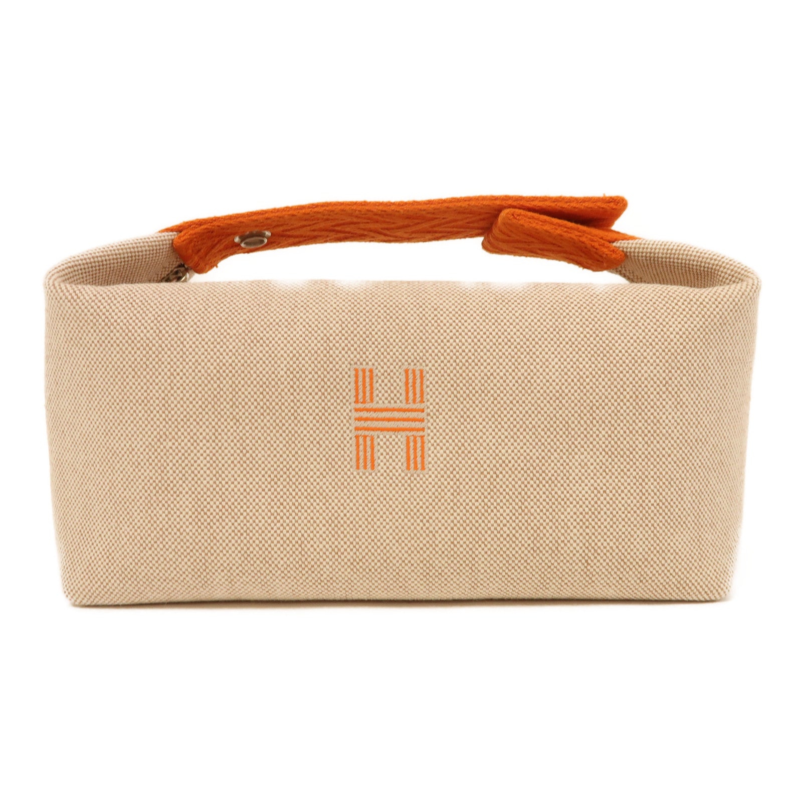 HERMES 帆布Bride A Brac PM銀扣手挽袋米色/橙色
