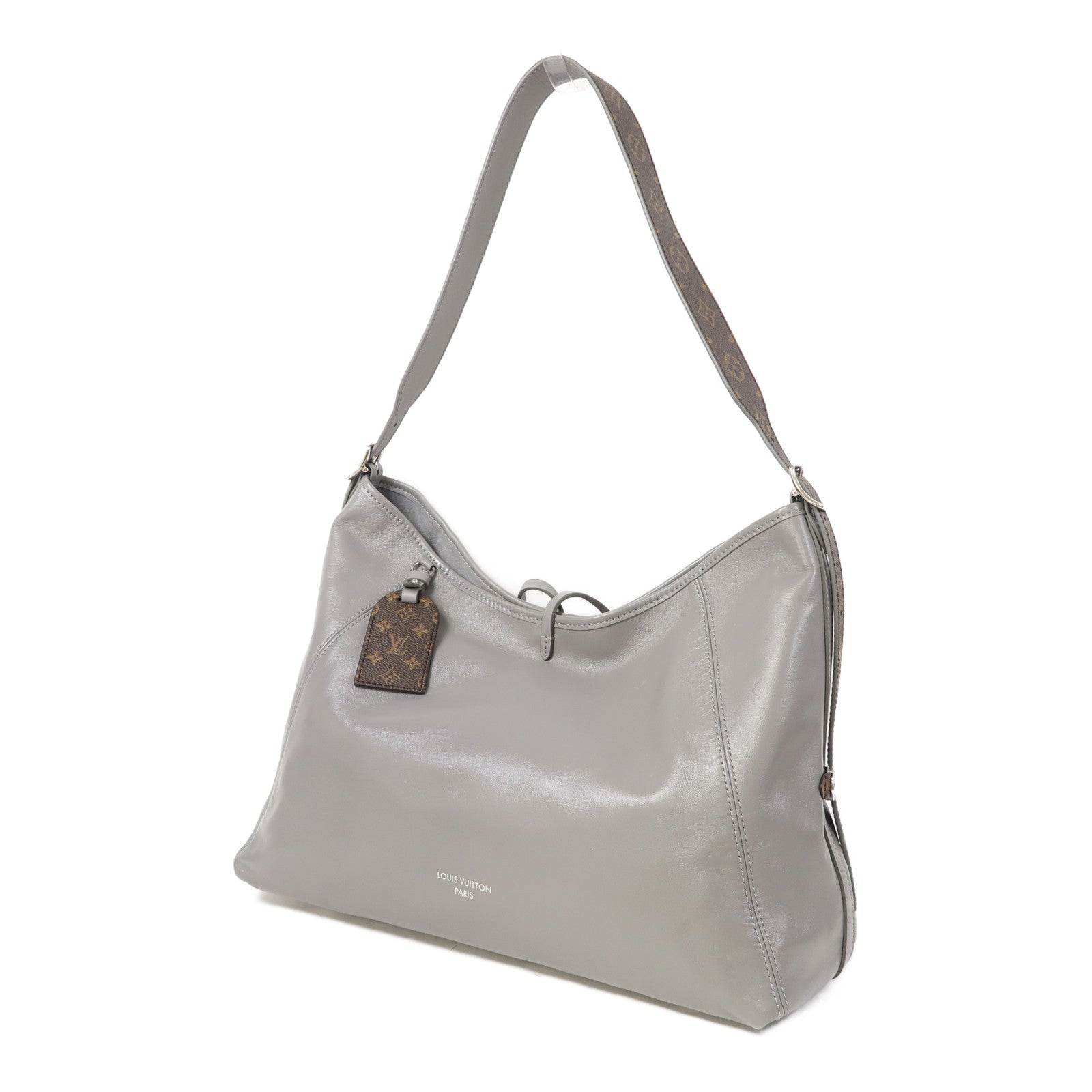 LOUIS VUITTON 牛皮皮革/Monogram CarryAll Vibe MM銀扣肩背袋灰色