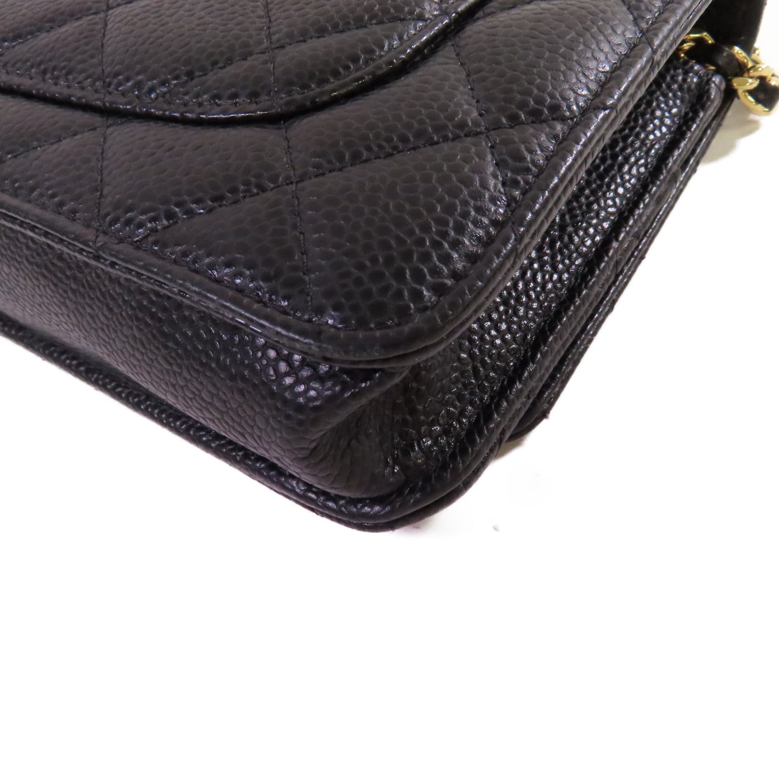 CHANEL 菱格Caviar皮革WOC Wallet On Chain Shoulder Bag金扣鏈帶肩背袋黑色