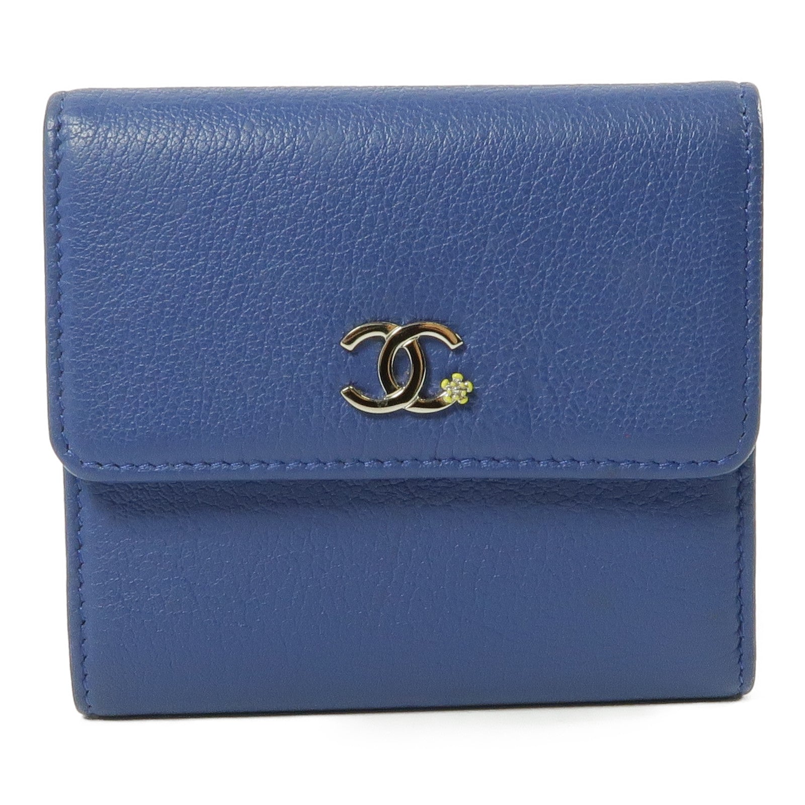 CHANEL 牛皮皮革Wallet銀扣錢包藍色