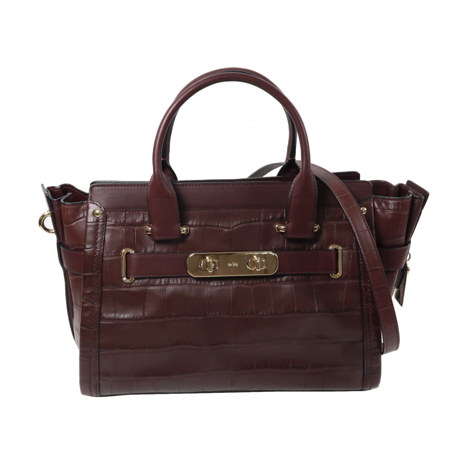COACH 牛皮皮革2 Way Shoulder Bag銀扣手挽肩背兩用袋酒紅色