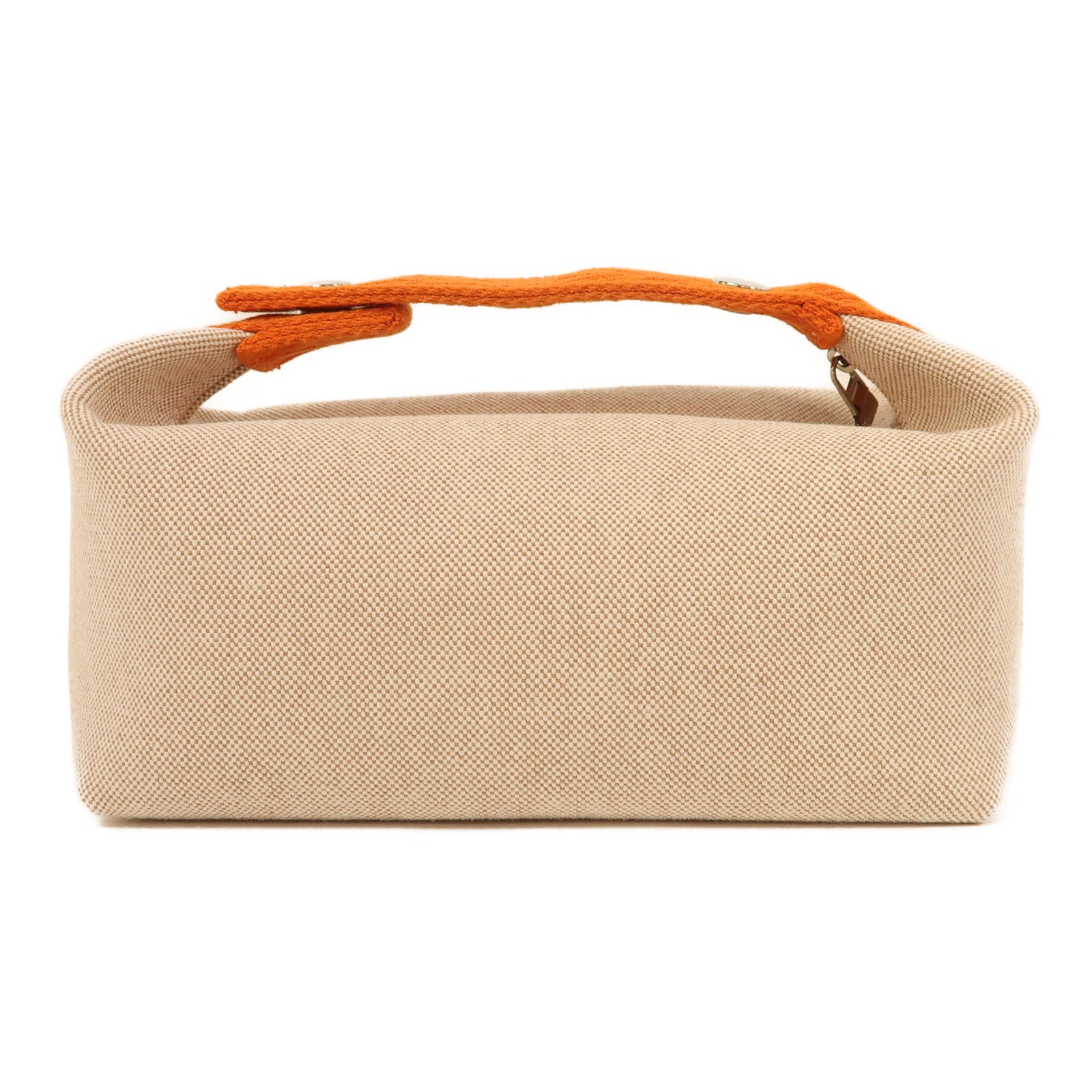 HERMES 帆布Bride A Brac PM銀扣手挽袋米色/橙色