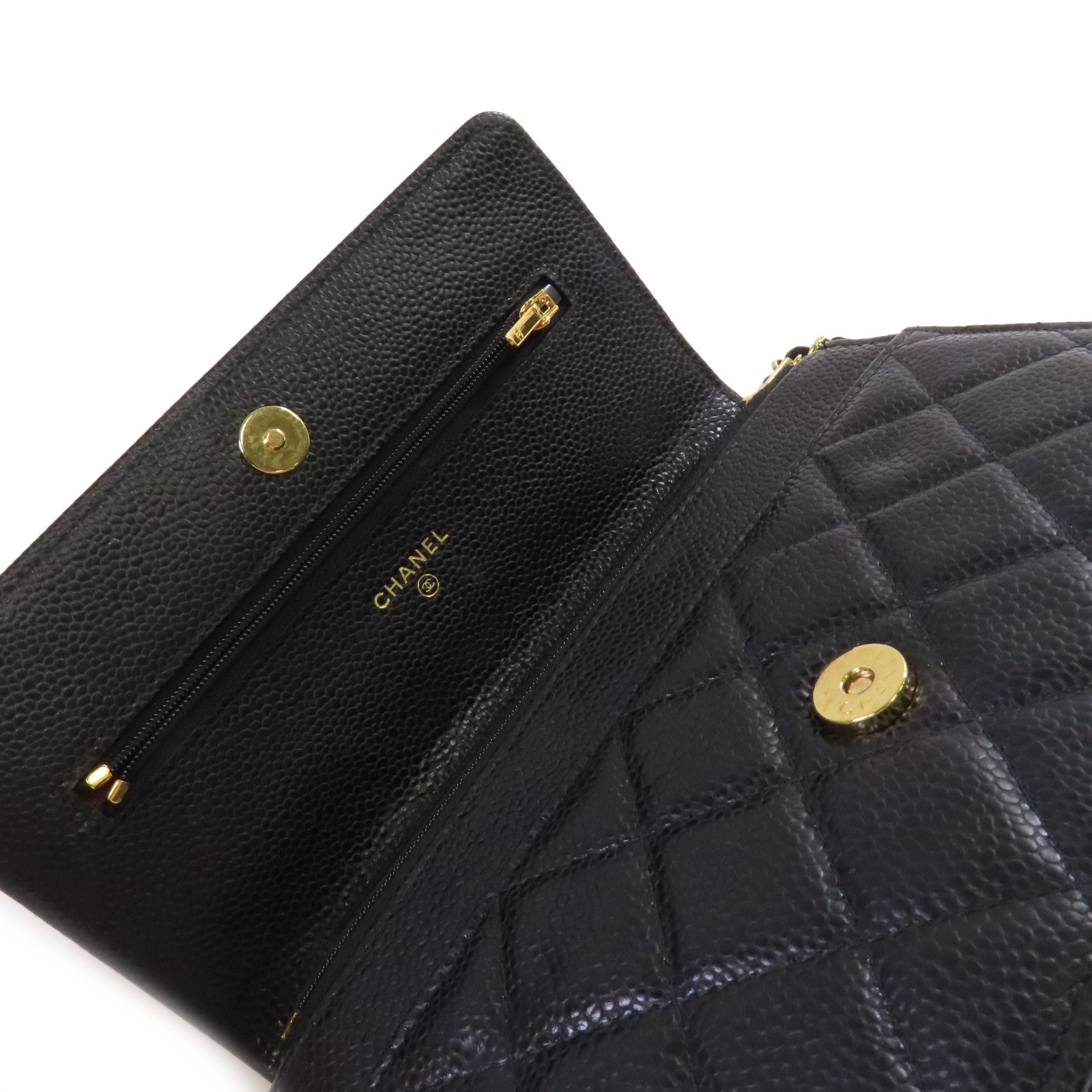 CHANEL 菱格Caviar皮革WOC Wallet On Chain Shoulder Bag金扣鏈帶肩背袋黑色
