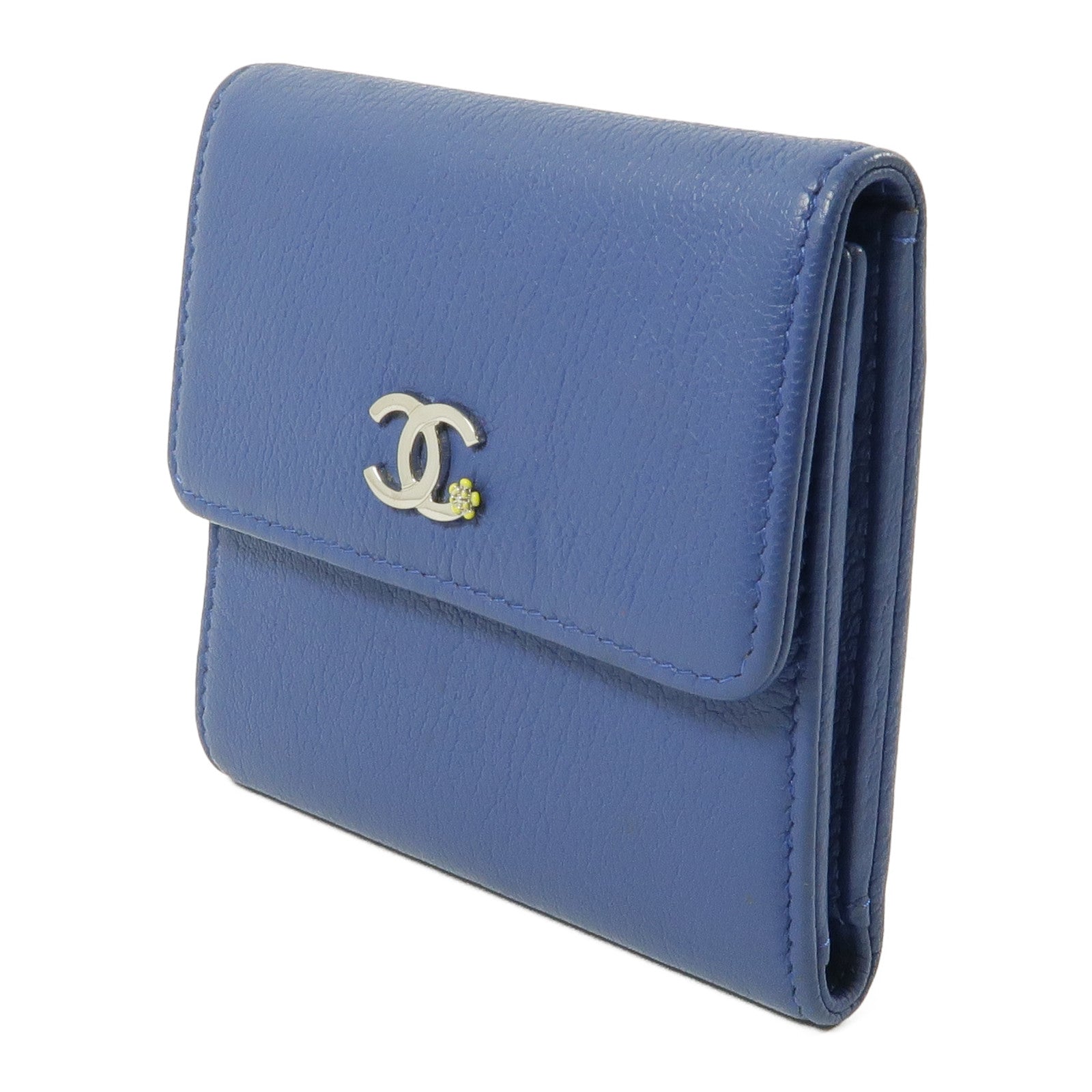 CHANEL 牛皮皮革Wallet銀扣錢包藍色