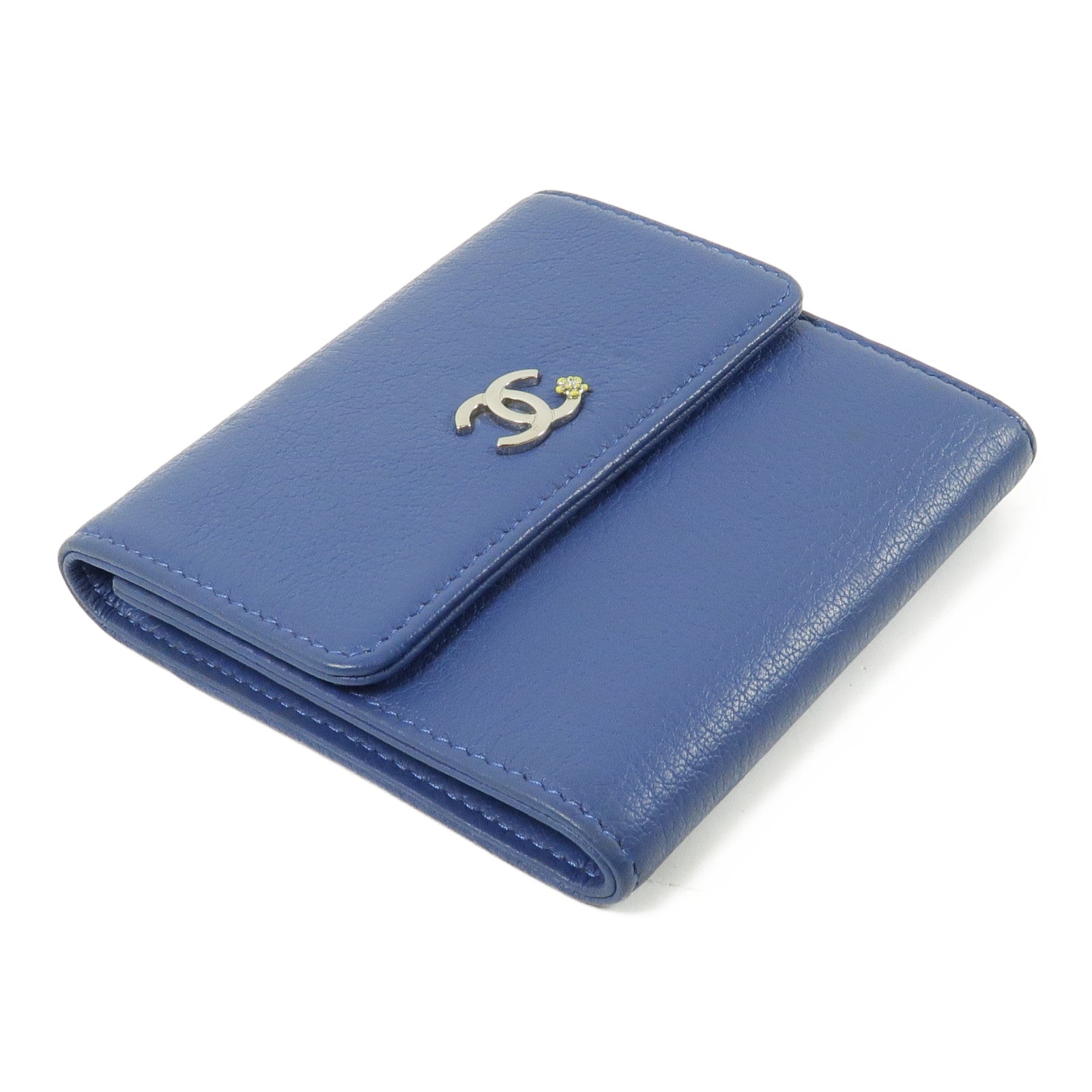 CHANEL 牛皮皮革Wallet銀扣錢包藍色
