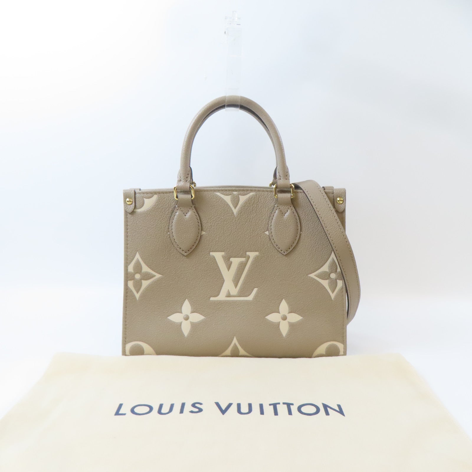 LOUIS VUITTON Monogram Empreinte On The Go PM金扣手挽肩背兩用袋淺褐色