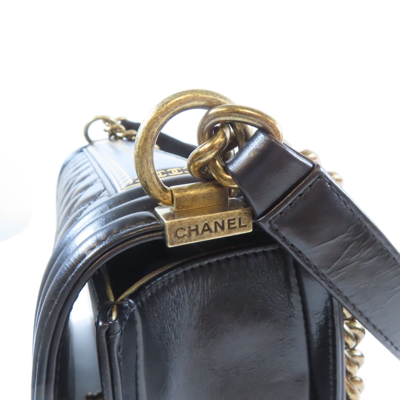 CHANEL 【激減優惠】菱格牛皮皮革Boy Chanel金扣鏈帶肩背袋黑色
