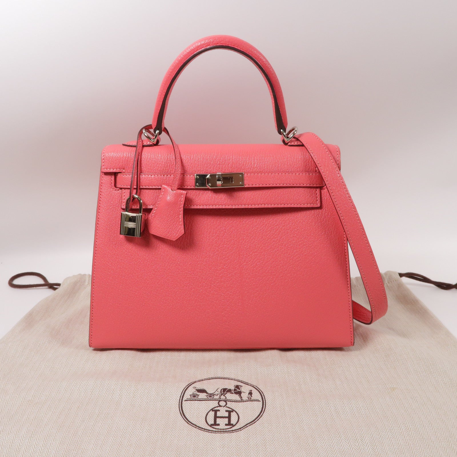 HERMES 【激減優惠】Chevre皮革Kelly 25銀扣手挽肩背兩用袋Rose Mexico/墨西哥玫瑰色