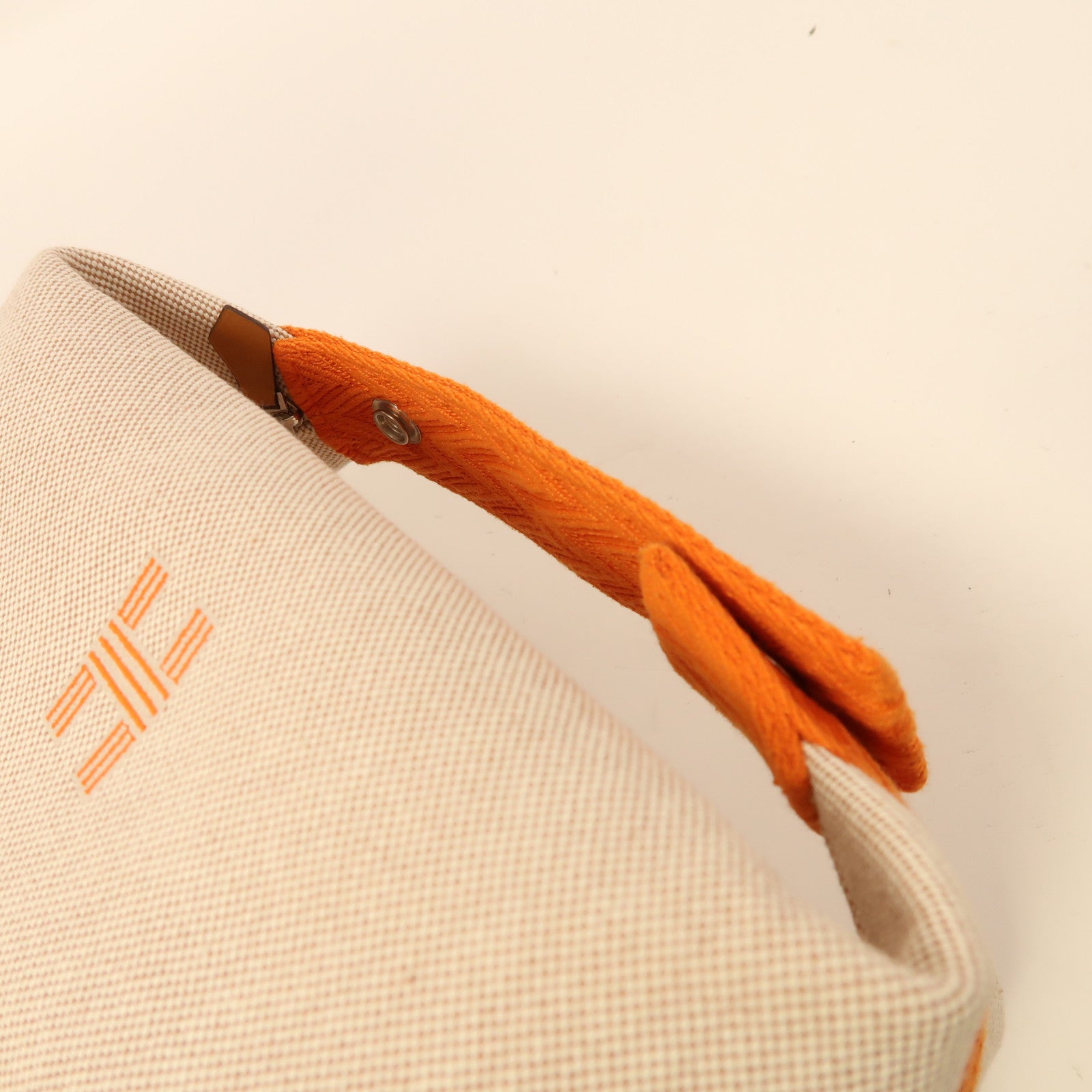 HERMES 帆布Bride A Brac PM銀扣手挽袋米色/橙色