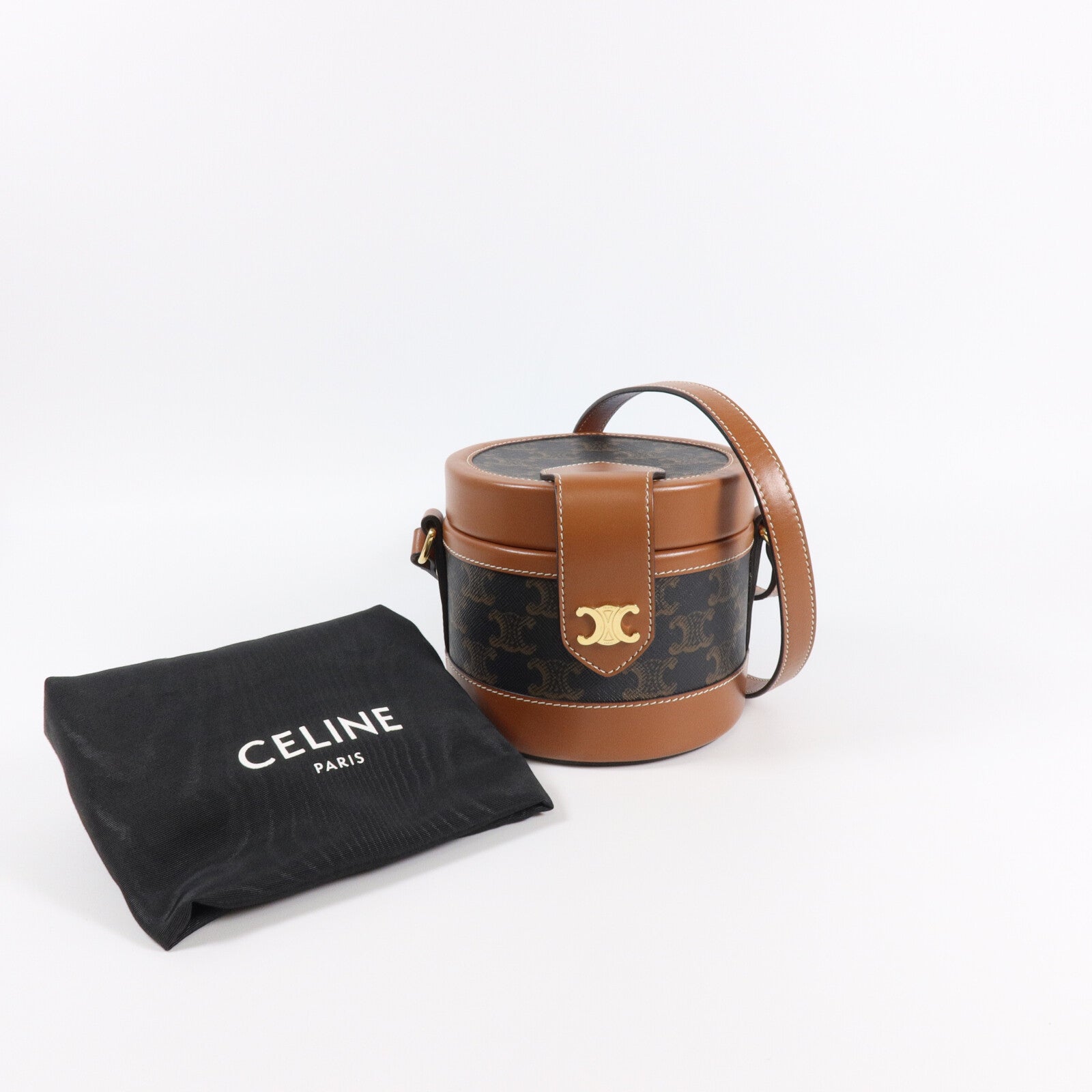 CELINE 牛皮皮革/塗層帆布Tambour肩背袋