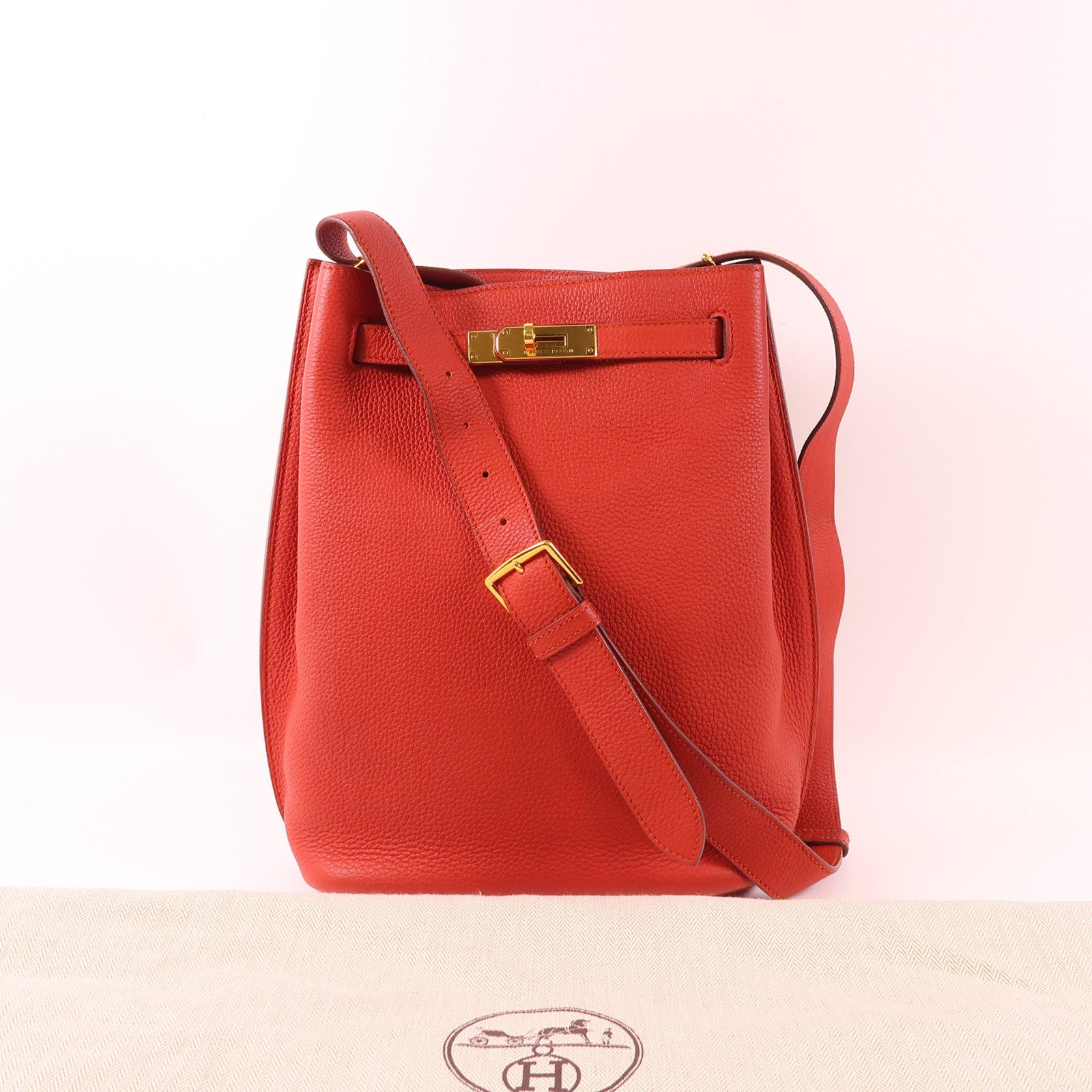 HERMES Clemence皮革So Kelly 22銀扣肩背袋9M Sanguine