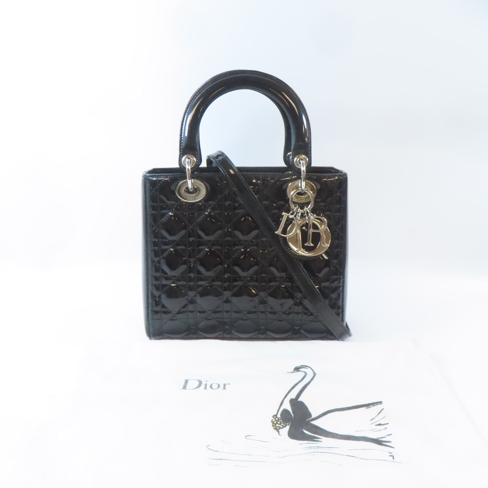 Dior 漆皮皮革Lady Dior銀扣手挽肩背兩用袋黑色