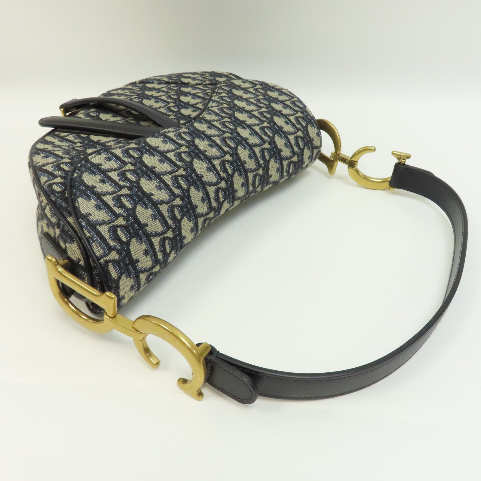 Dior 帆布Saddle Bag金扣手挽袋藍色