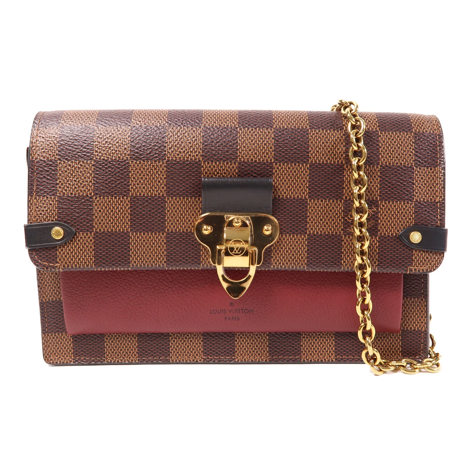 LOUIS VUITTON Damier Vavin WOC金扣鏈帶肩背袋啡色/紅色