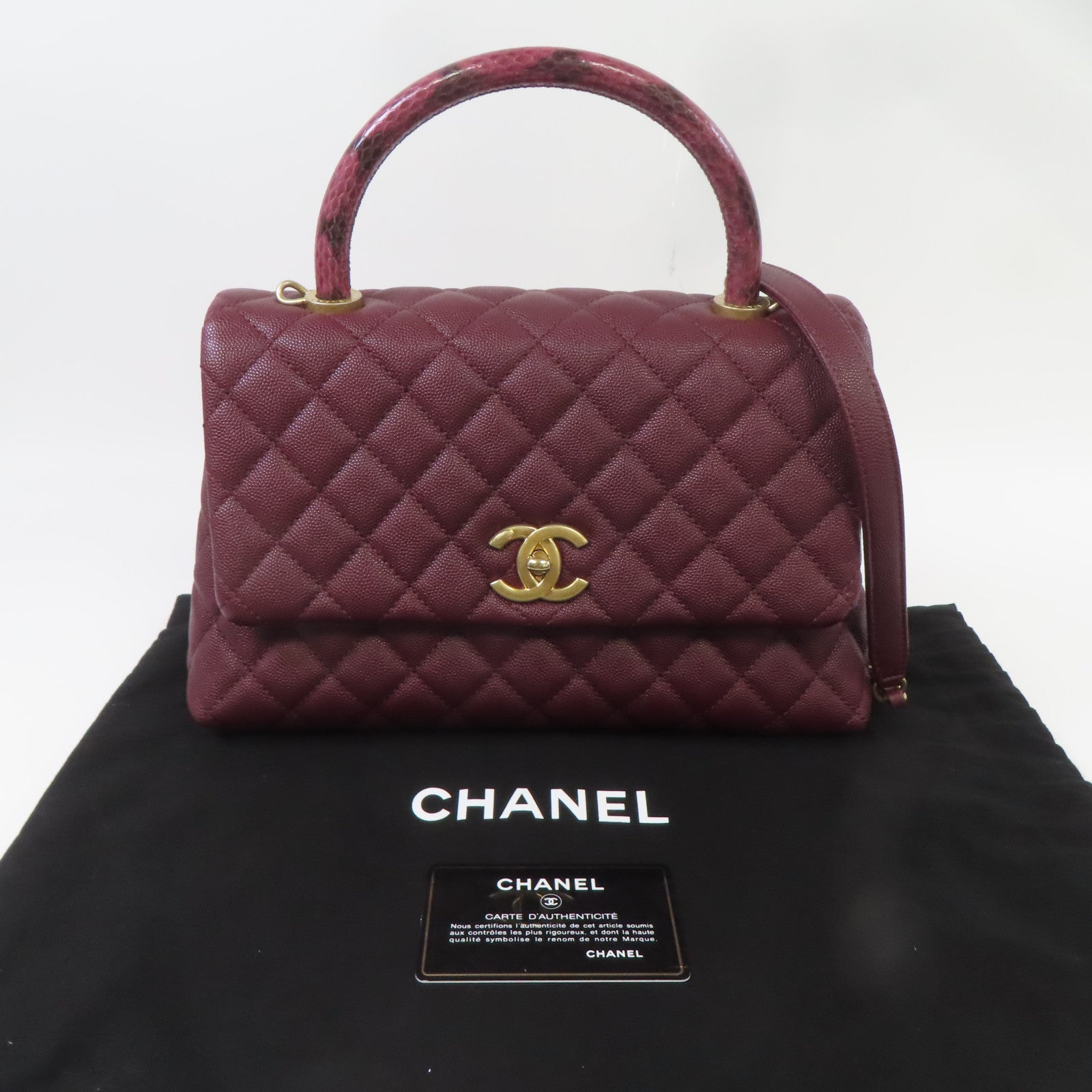 CHANEL 【激減優惠】菱格Caviar皮革/蛇皮皮革Coco Handle Medium金扣手挽肩背兩用袋酒紅色