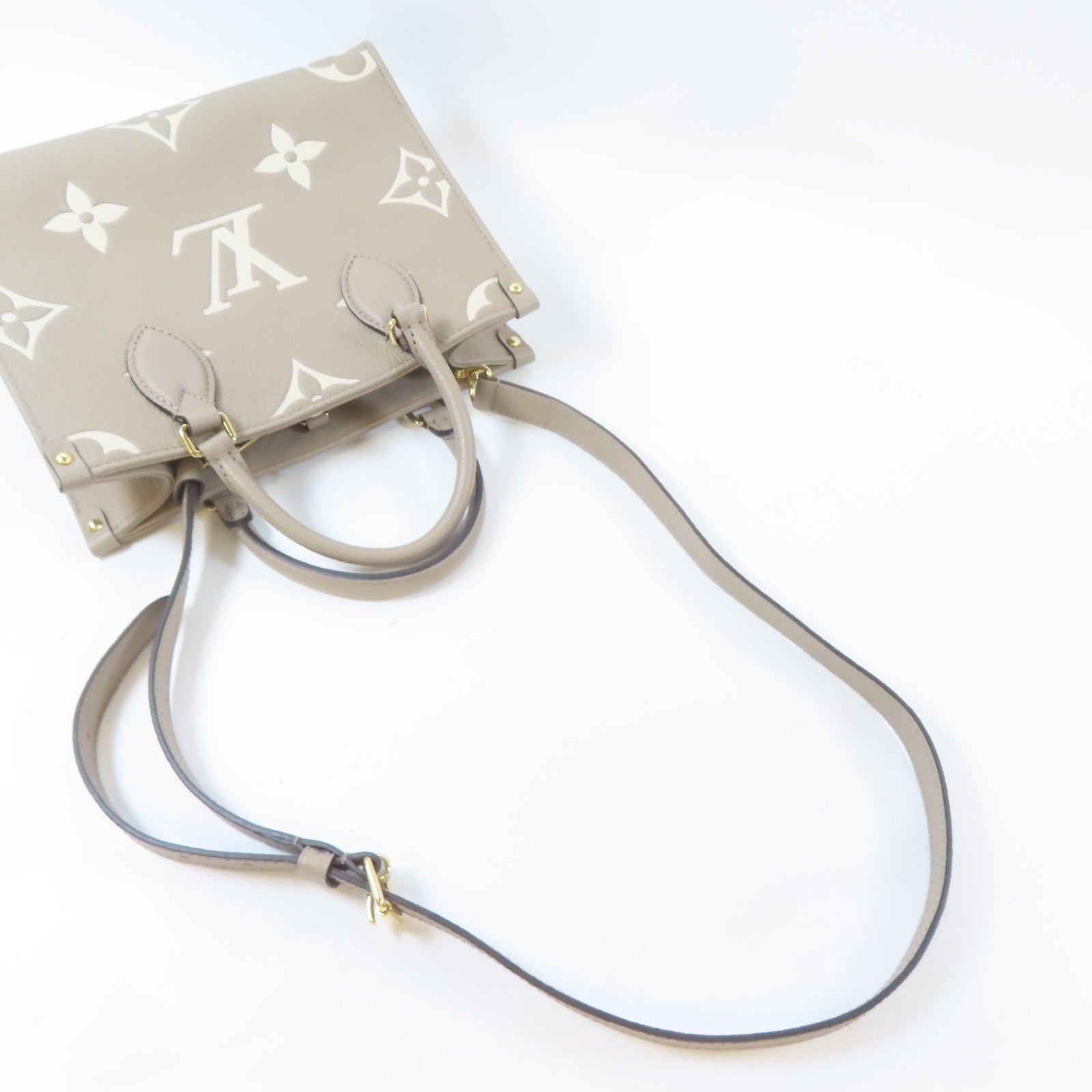 LOUIS VUITTON Monogram Empreinte On The Go PM金扣手挽肩背兩用袋淺褐色