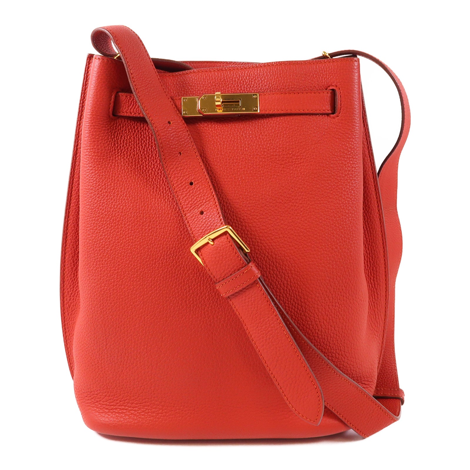HERMES Clemence皮革So Kelly 22銀扣肩背袋9M Sanguine