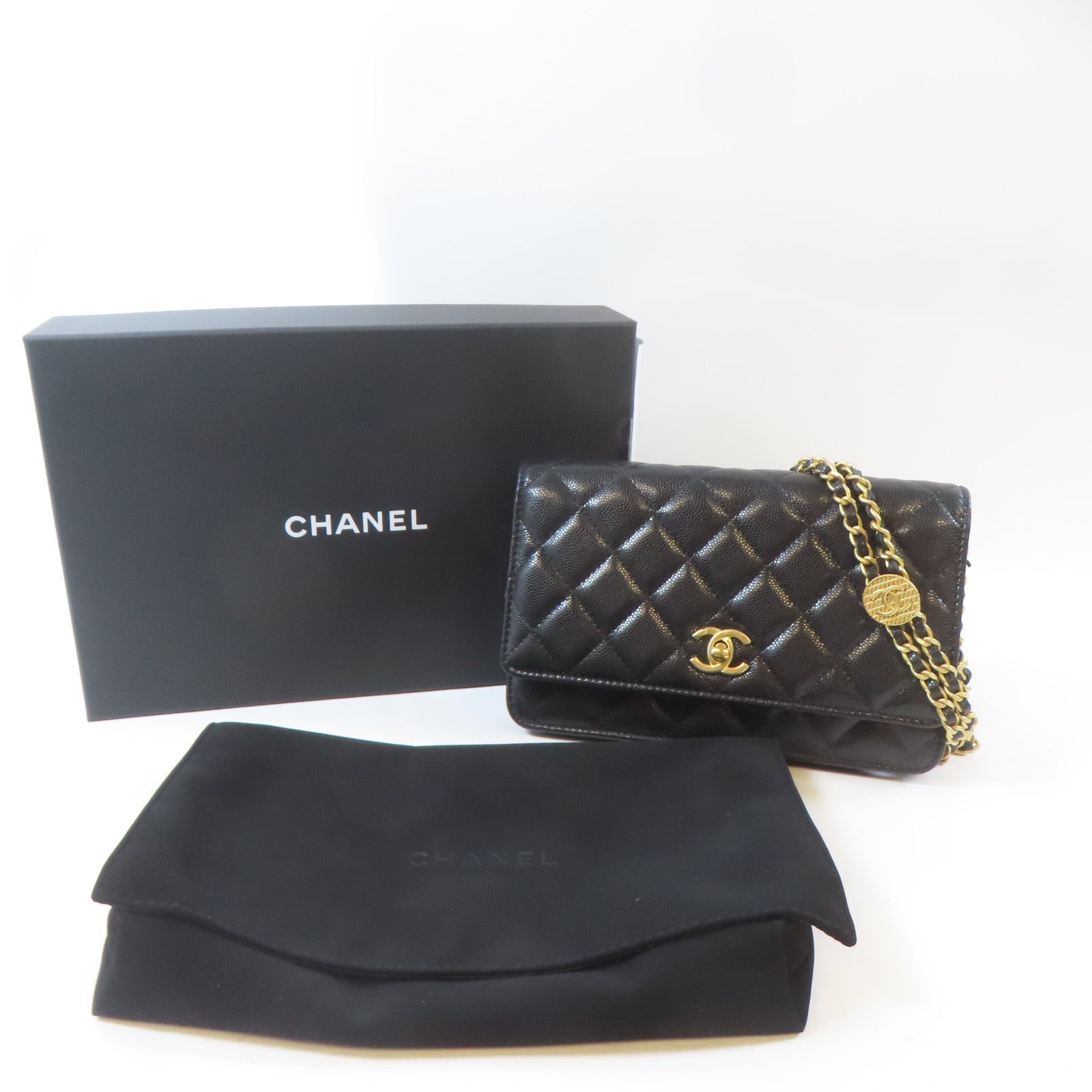 CHANEL 菱格牛皮皮革Wallet On Chain金扣鏈帶肩背袋黑色