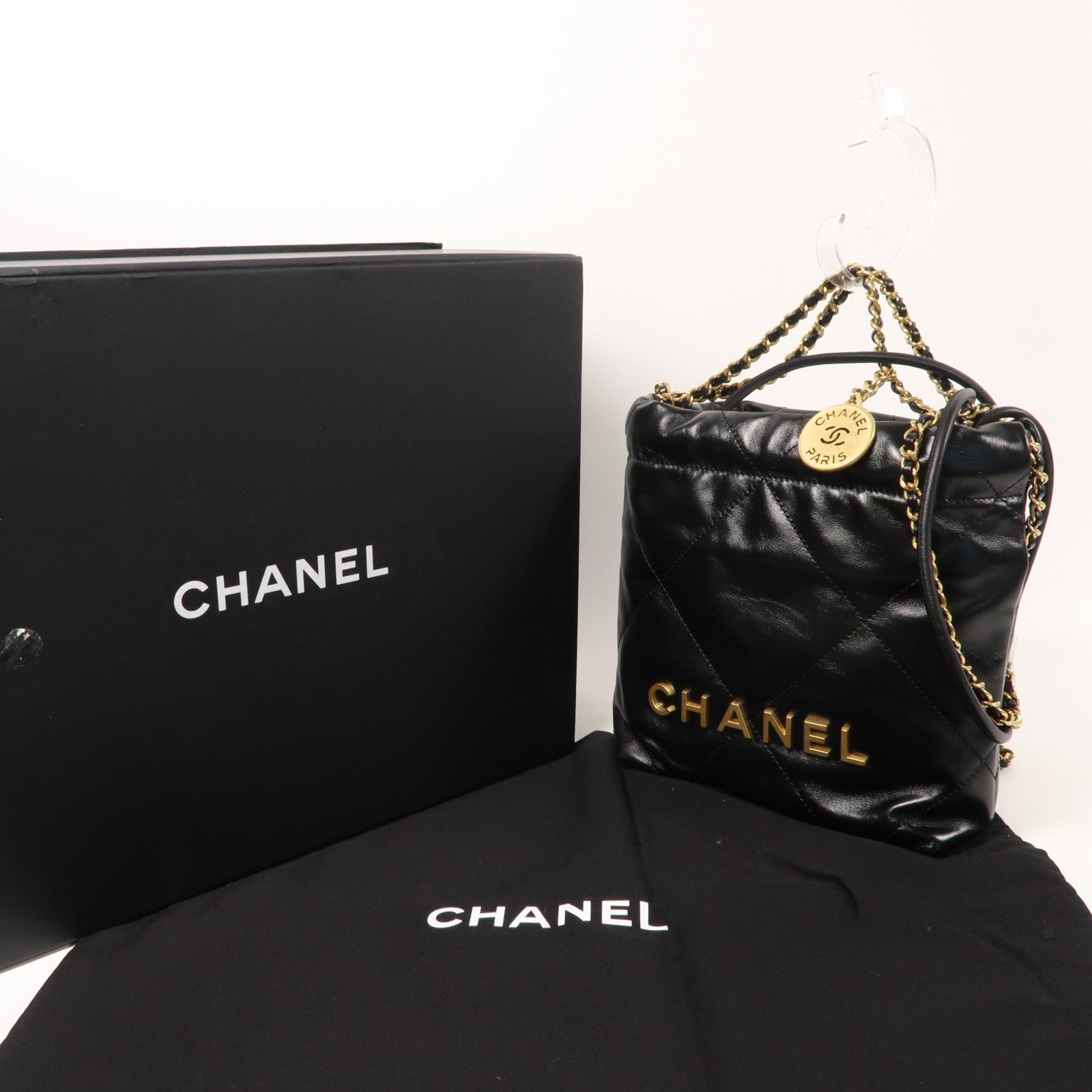 CHANEL 菱格牛皮皮革Mini 22金扣手挽肩背兩用袋黑色