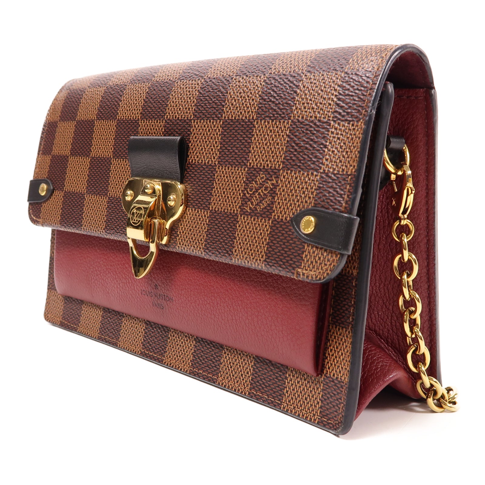 LOUIS VUITTON Damier Vavin WOC金扣鏈帶肩背袋啡色/紅色