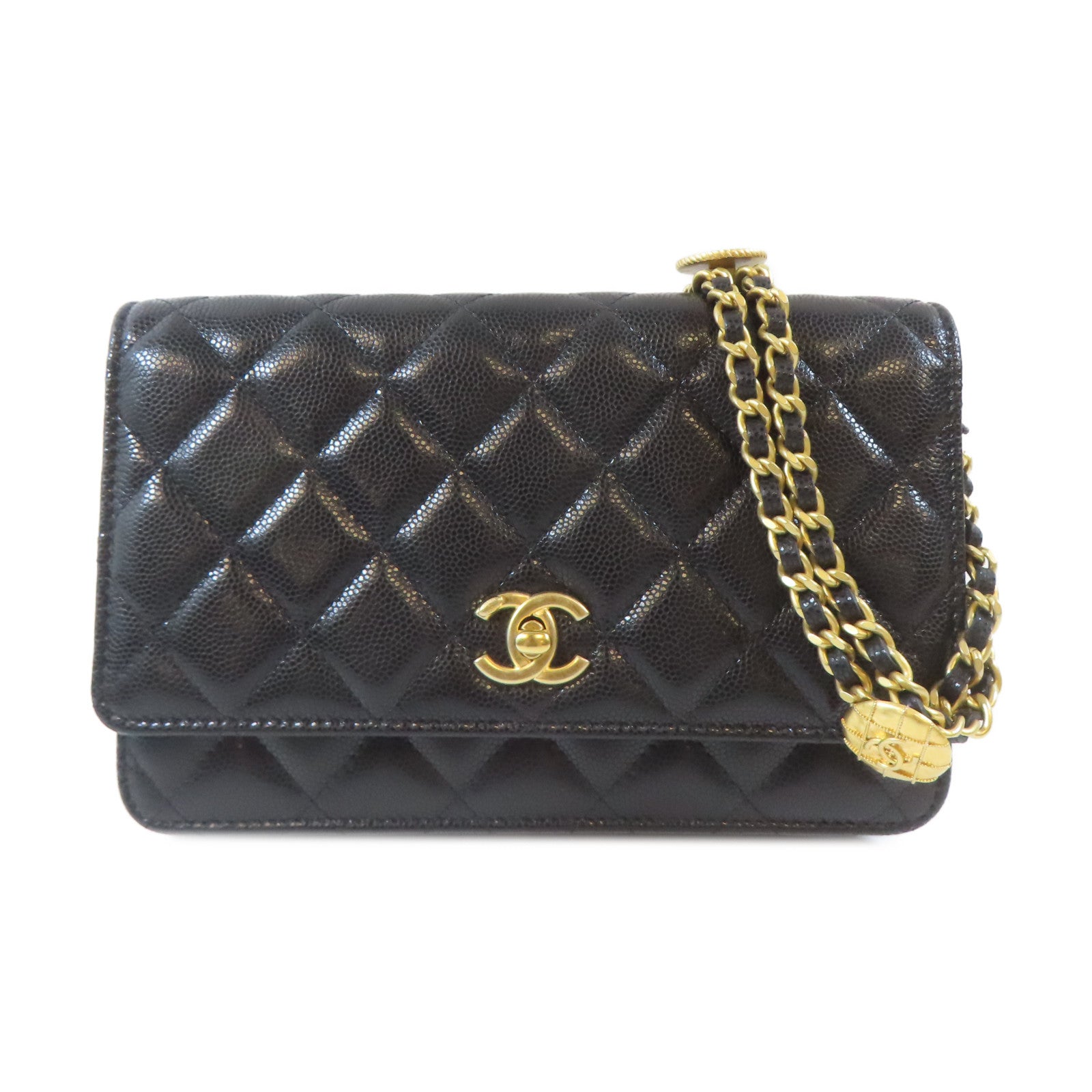 CHANEL 菱格牛皮皮革Wallet On Chain金扣鏈帶肩背袋黑色