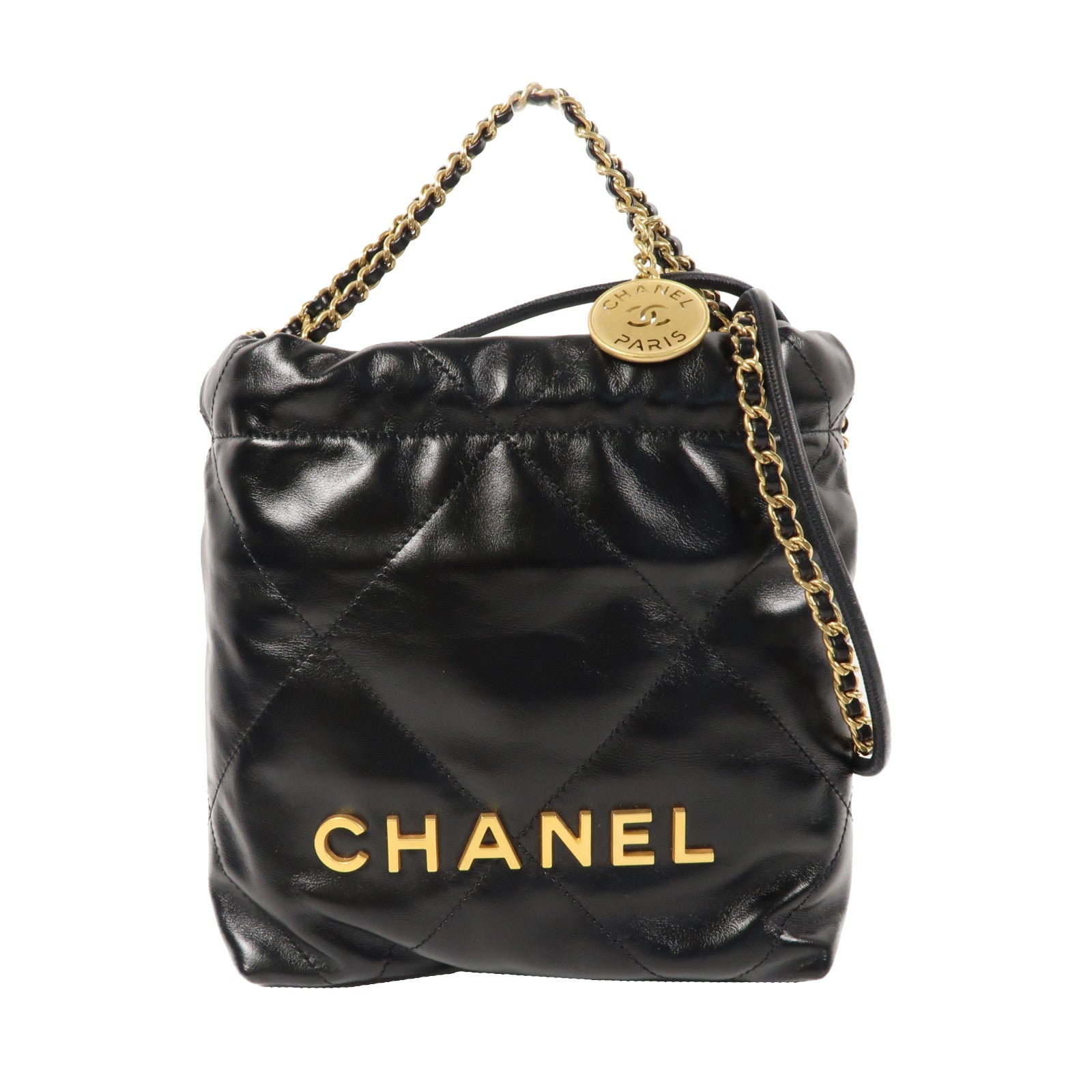 CHANEL 菱格牛皮皮革Mini 22金扣手挽肩背兩用袋黑色