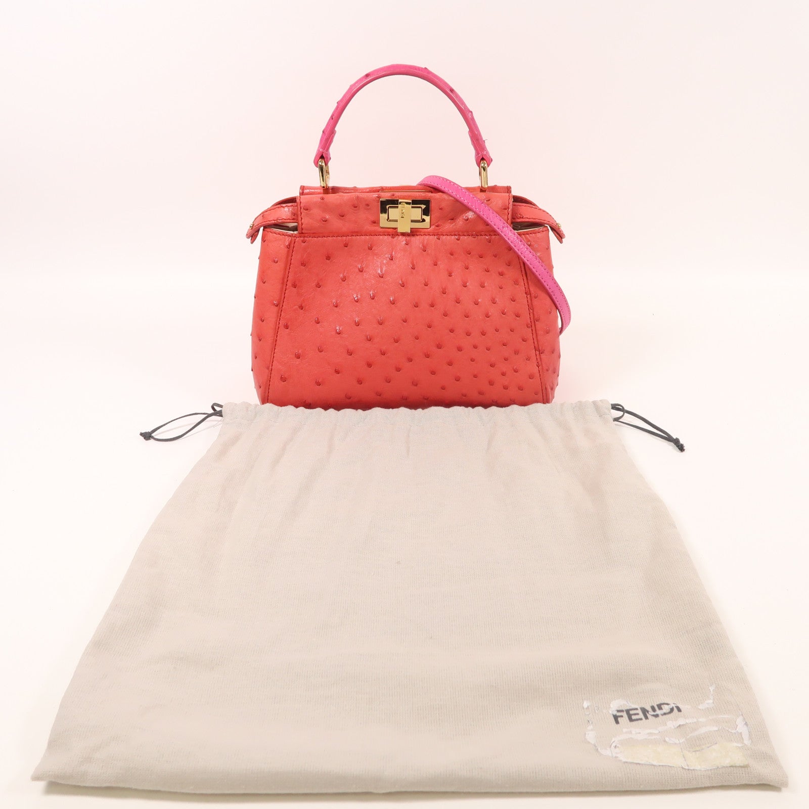 FENDI 鴕鳥皮革Peekaboo金扣手挽肩背兩用袋