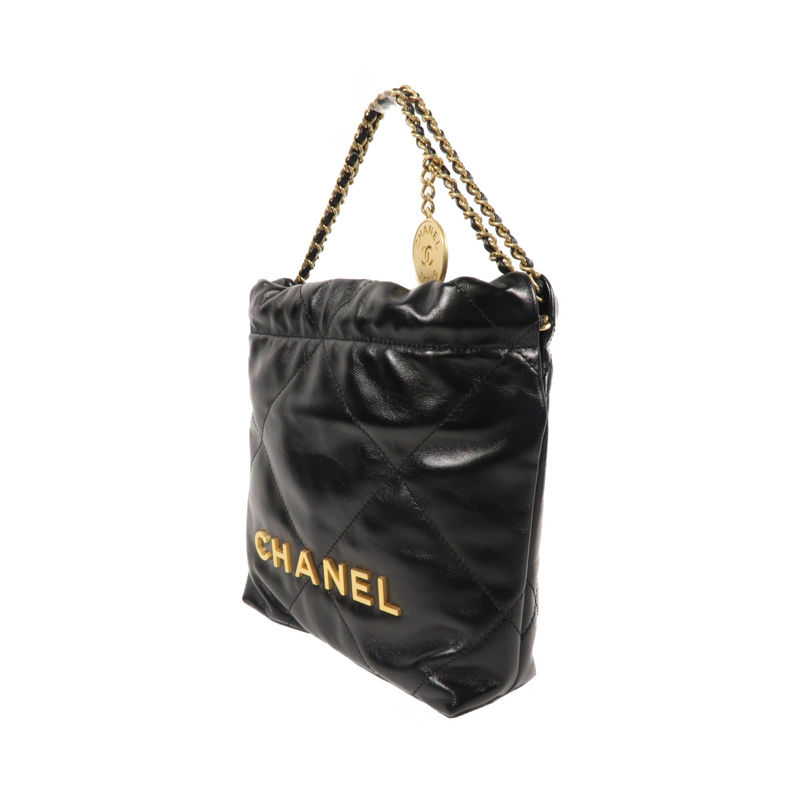 CHANEL 菱格牛皮皮革Mini 22金扣手挽肩背兩用袋黑色