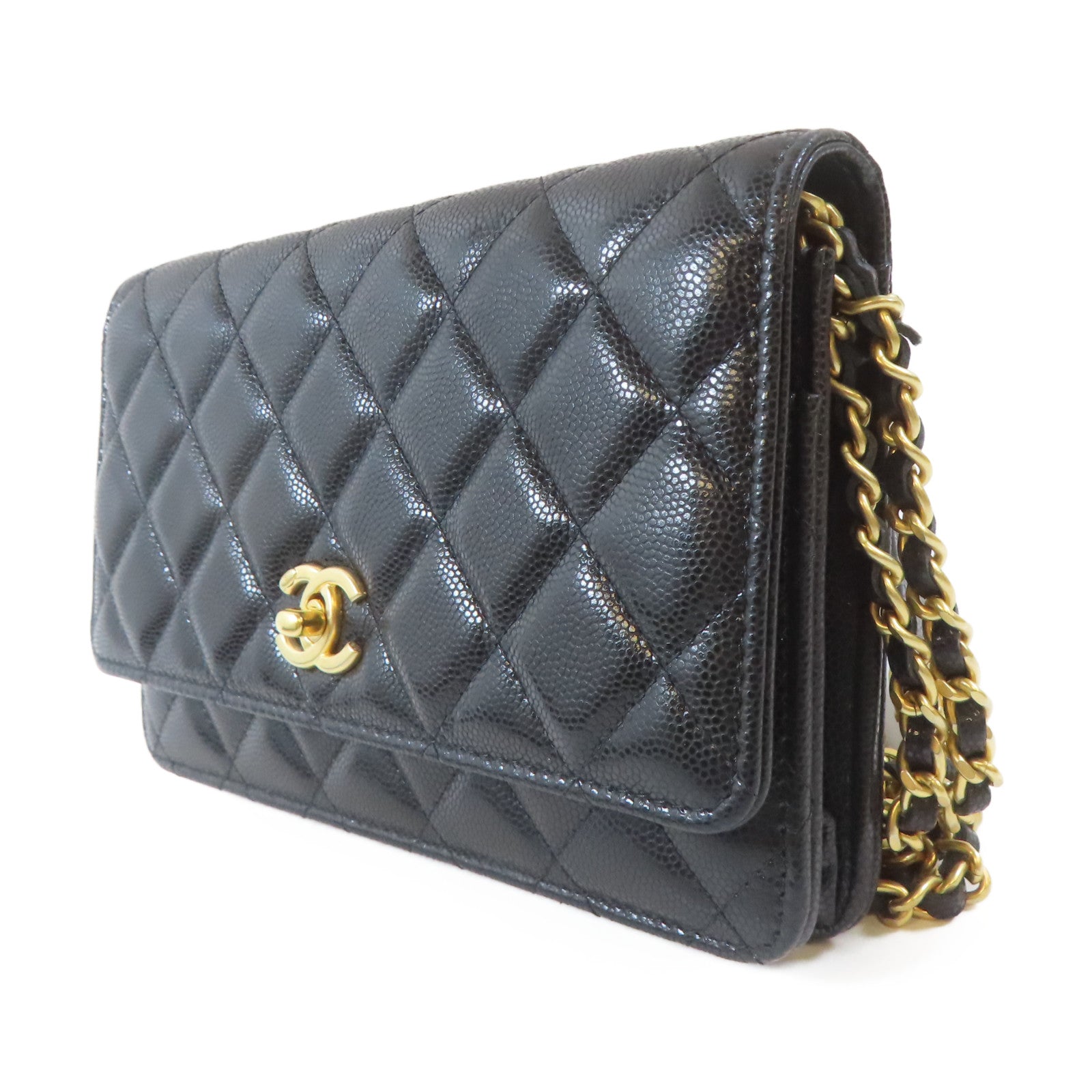 CHANEL 菱格牛皮皮革Wallet On Chain金扣鏈帶肩背袋黑色