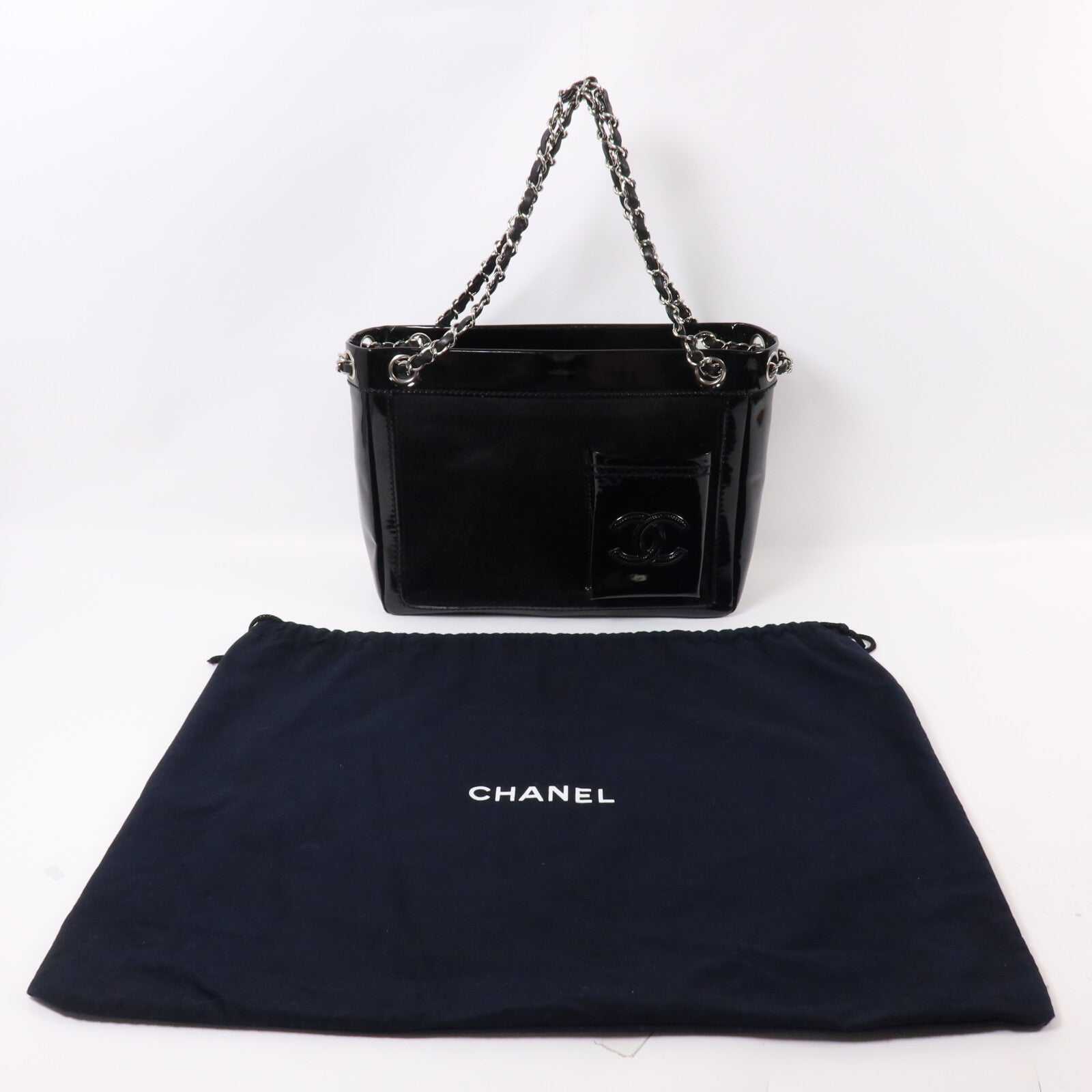 CHANEL 馬毛/漆皮皮革CC Pocket Tote鏈帶肩背袋