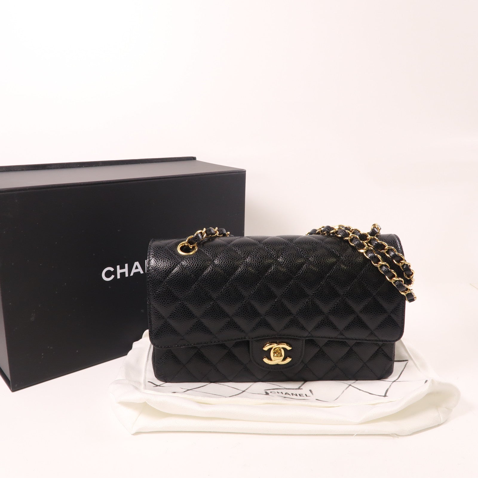 CHANEL 菱格牛皮皮革Classic 25金扣鏈帶肩背袋黑色
