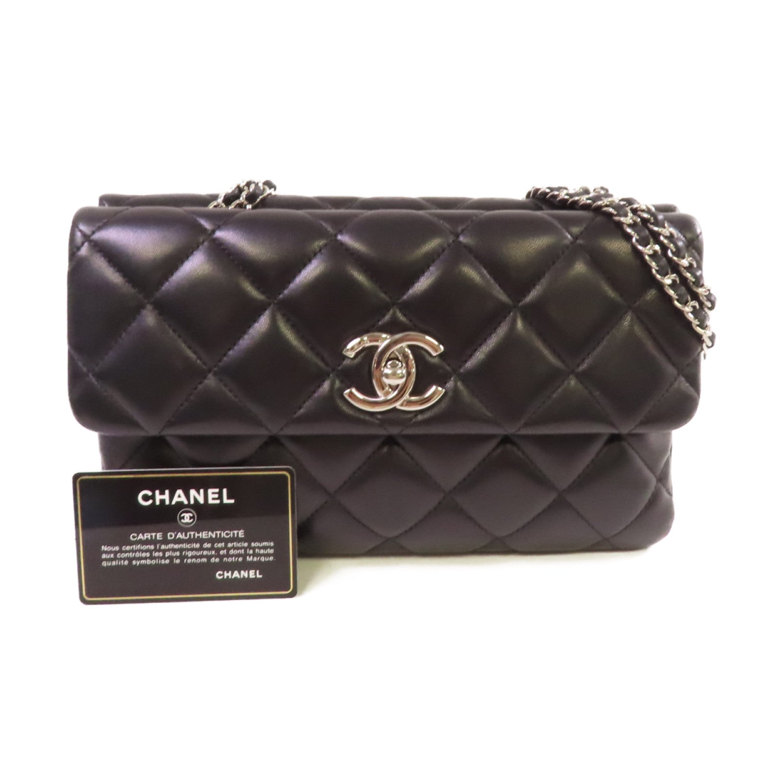 CHANEL 菱格羊皮皮革Chain Shoulder Bag銀扣鏈帶肩背袋黑色