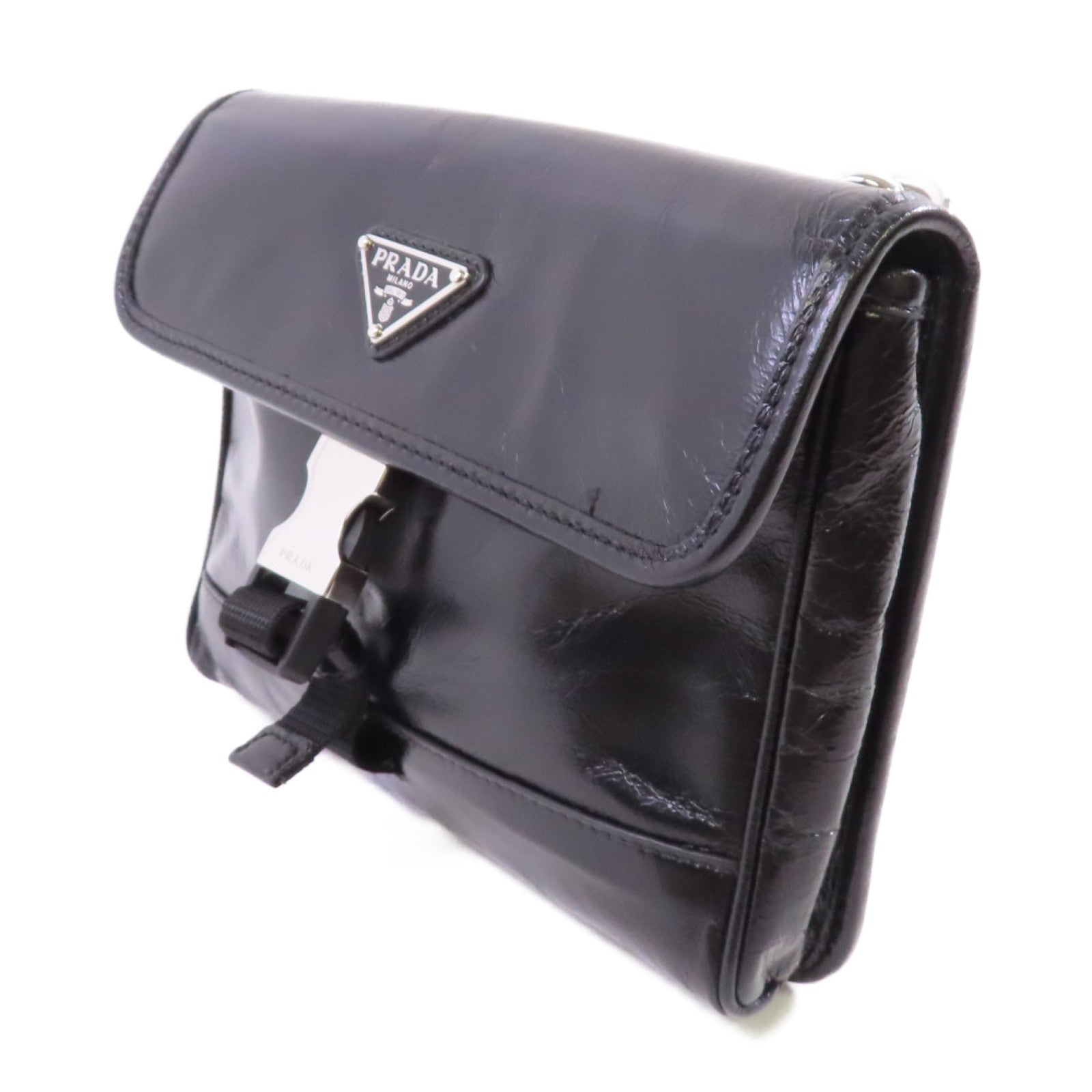 PRADA 牛皮皮革2Way Shoulder Bag銀扣腰包肩背兩用袋黑色