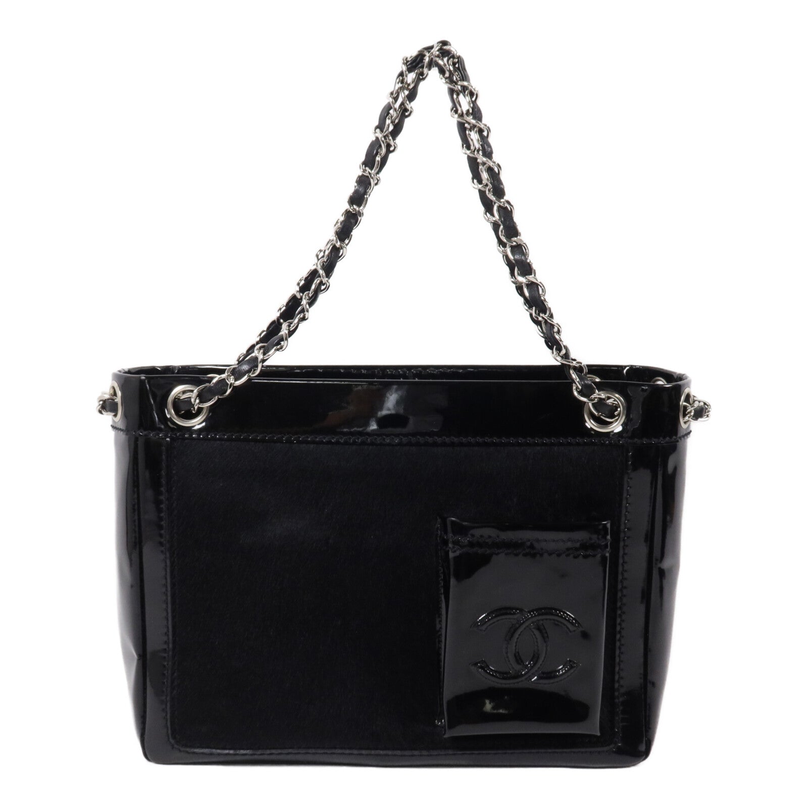 CHANEL 馬毛/漆皮皮革CC Pocket Tote鏈帶肩背袋