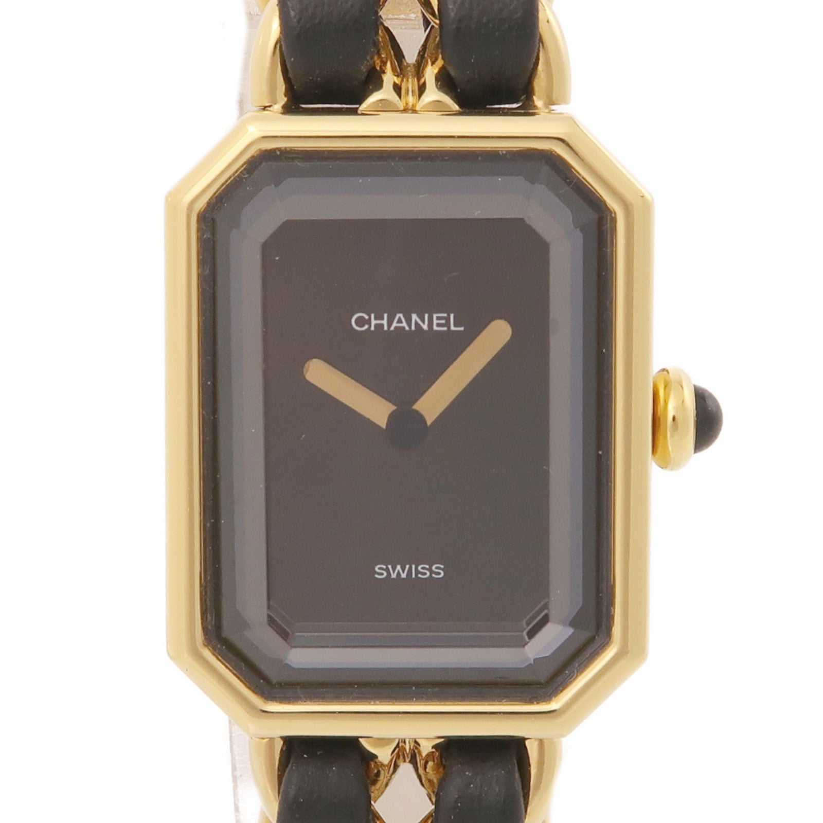 CHANEL Premiere L鍍金/皮革帶手錶石英機芯黑色