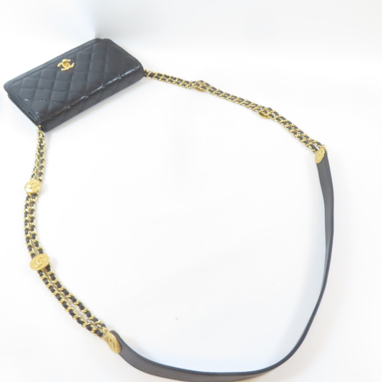 CHANEL 菱格牛皮皮革Wallet On Chain金扣鏈帶肩背袋黑色