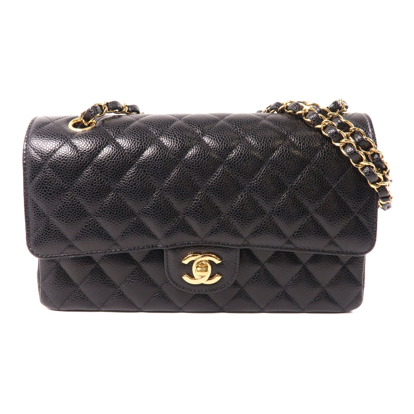 CHANEL 菱格牛皮皮革Classic 25金扣鏈帶肩背袋黑色