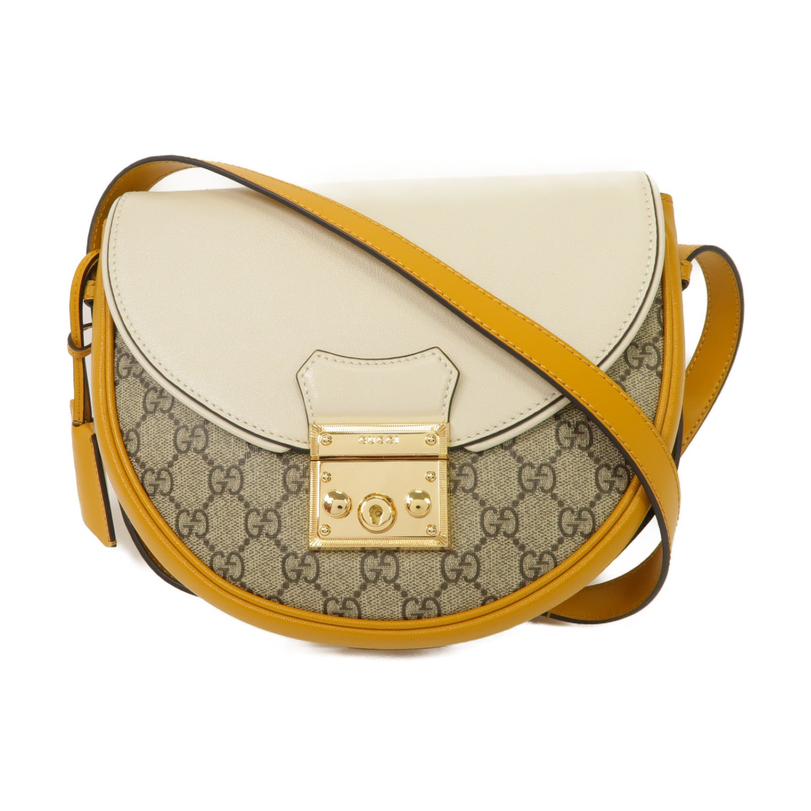 GUCCI 【清倉大減價】牛皮皮革/帆布Shoulder Bag金扣肩背袋黃色/白色