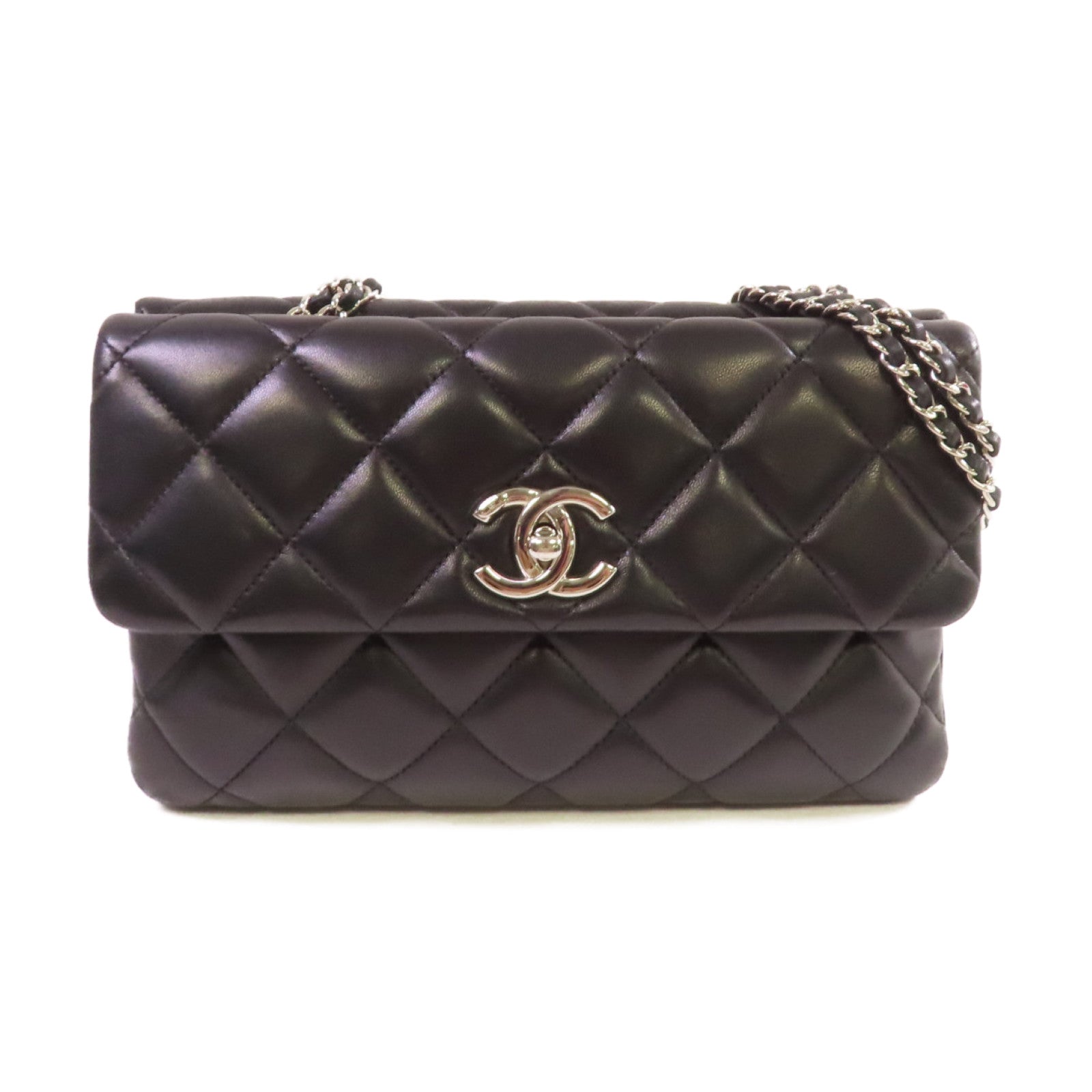 CHANEL 菱格羊皮皮革Chain Shoulder Bag銀扣鏈帶肩背袋黑色