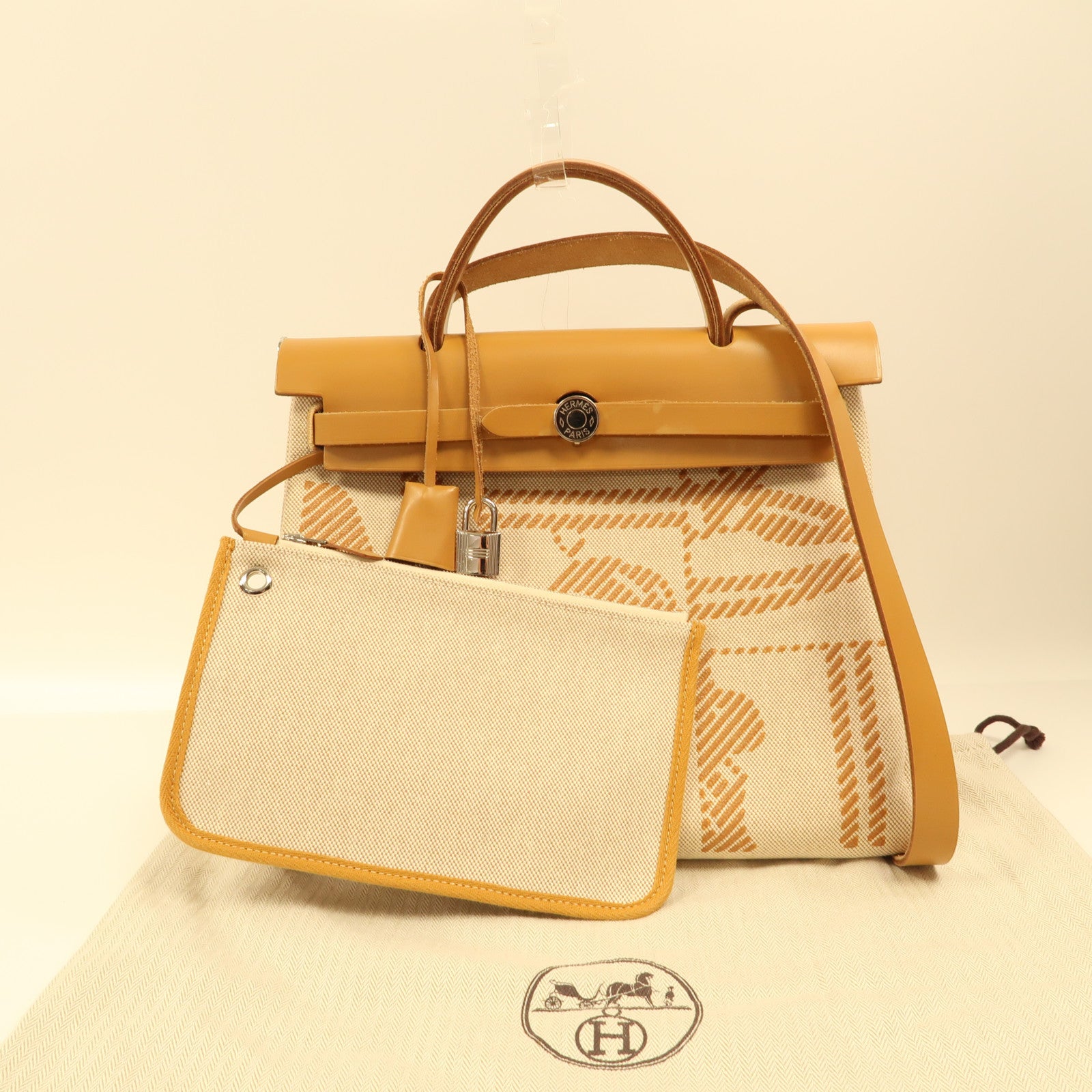 HERMES 帆布Herbag PM銀扣手挽肩背兩用袋米色