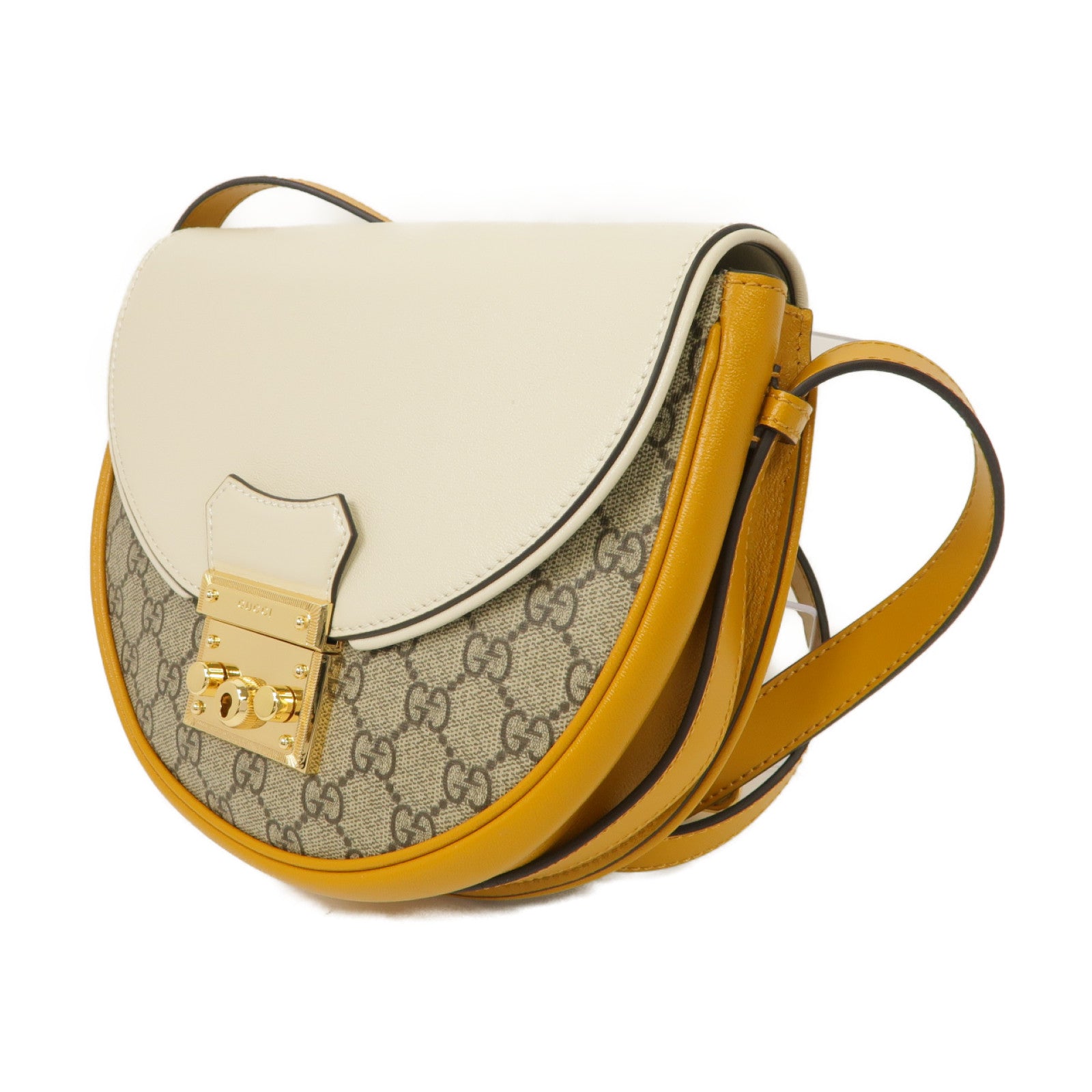 GUCCI 【清倉大減價】牛皮皮革/帆布Shoulder Bag金扣肩背袋黃色/白色