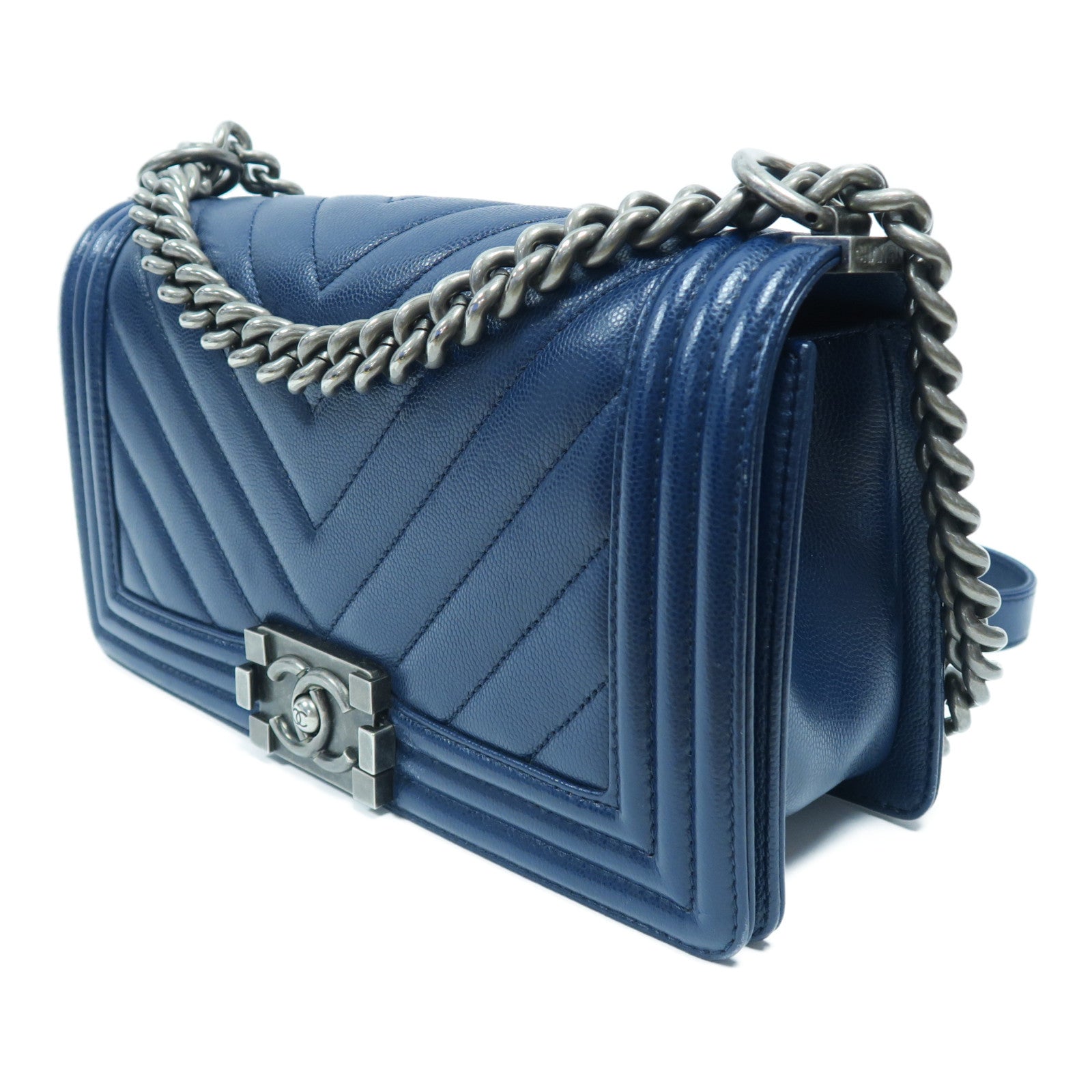 CHANEL 【激減優惠】斜紋Caviar皮革Boy 25銀扣鏈帶肩背袋藍色