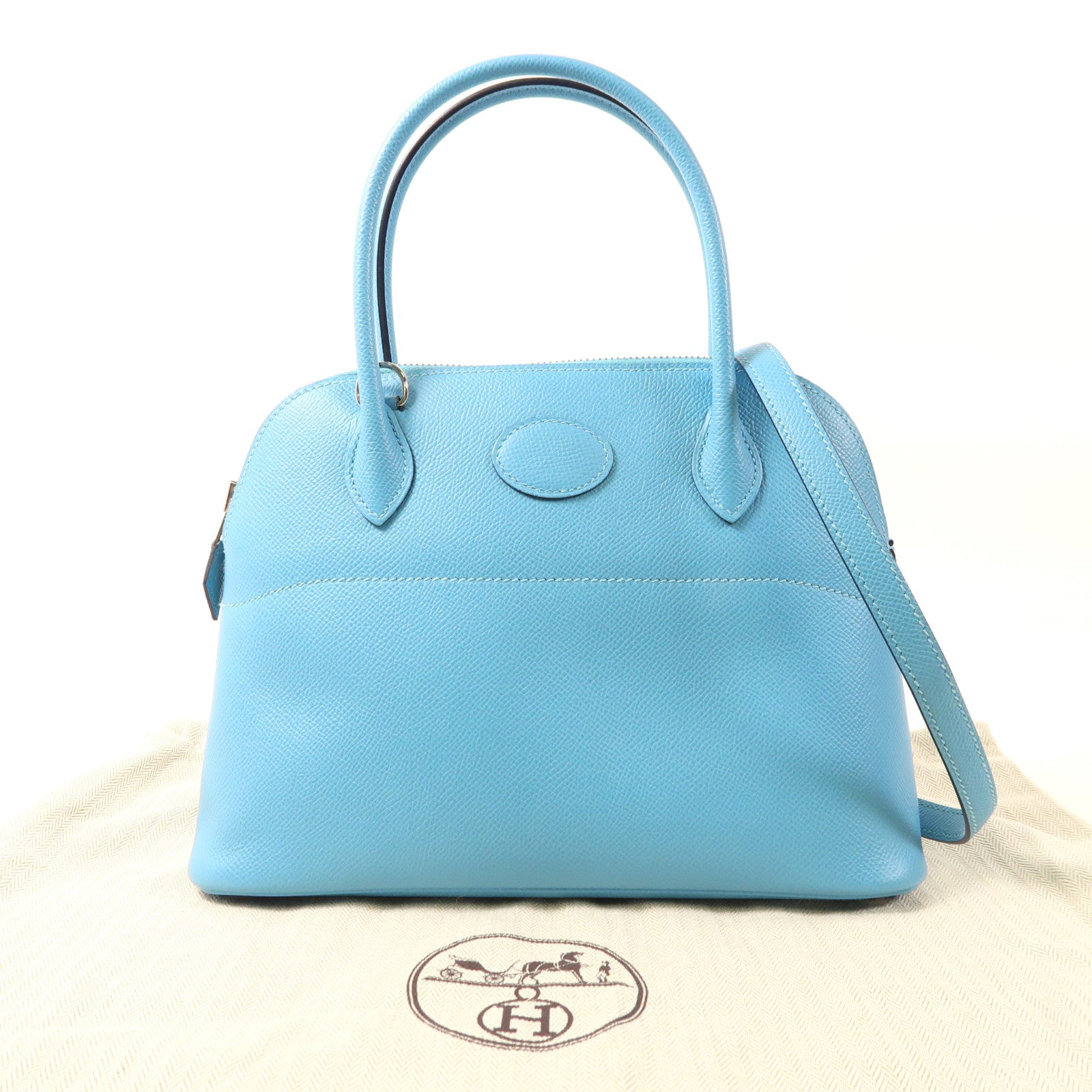 HERMES Epsom皮革Bolide 27銀扣手挽肩背兩用袋Bleu Atoll藍色
